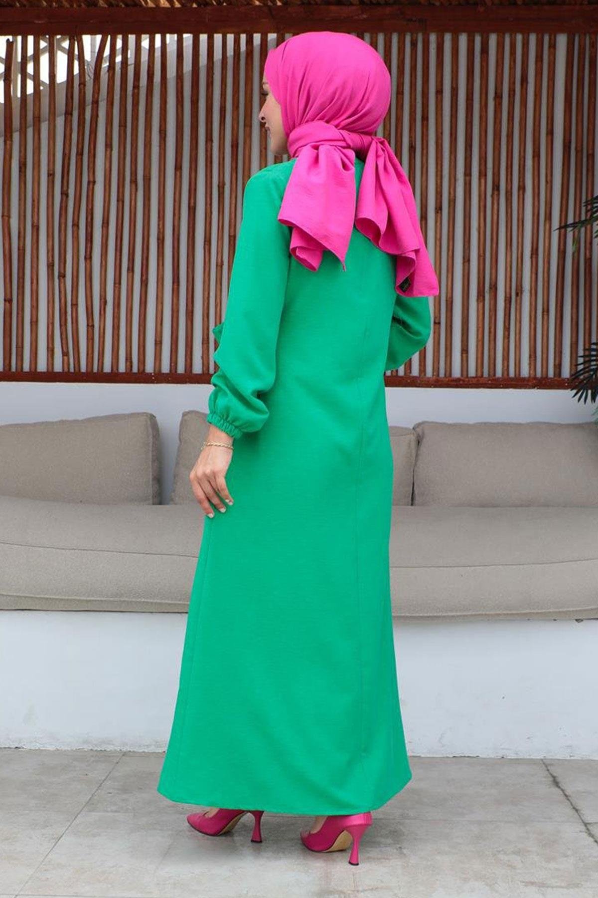 Bel Bağlama Detaylı Tesettür Açık Yeşil elbise