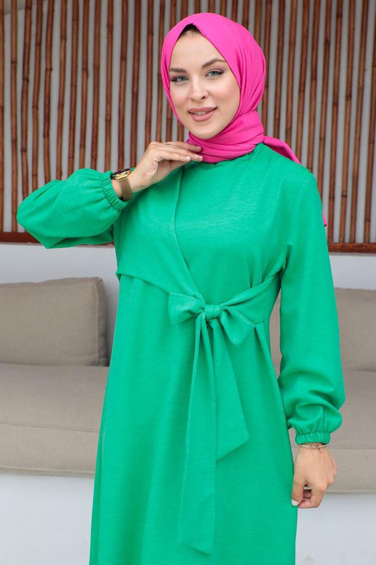 Bel Bağlama Detaylı Tesettür Açık Yeşil elbise