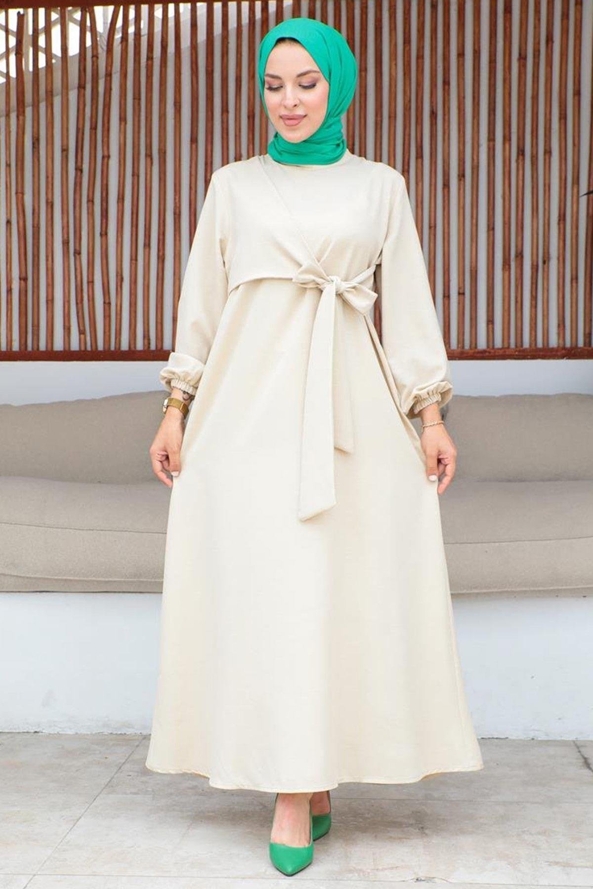 Bel Bağlama Detaylı Tesettür Bej elbise