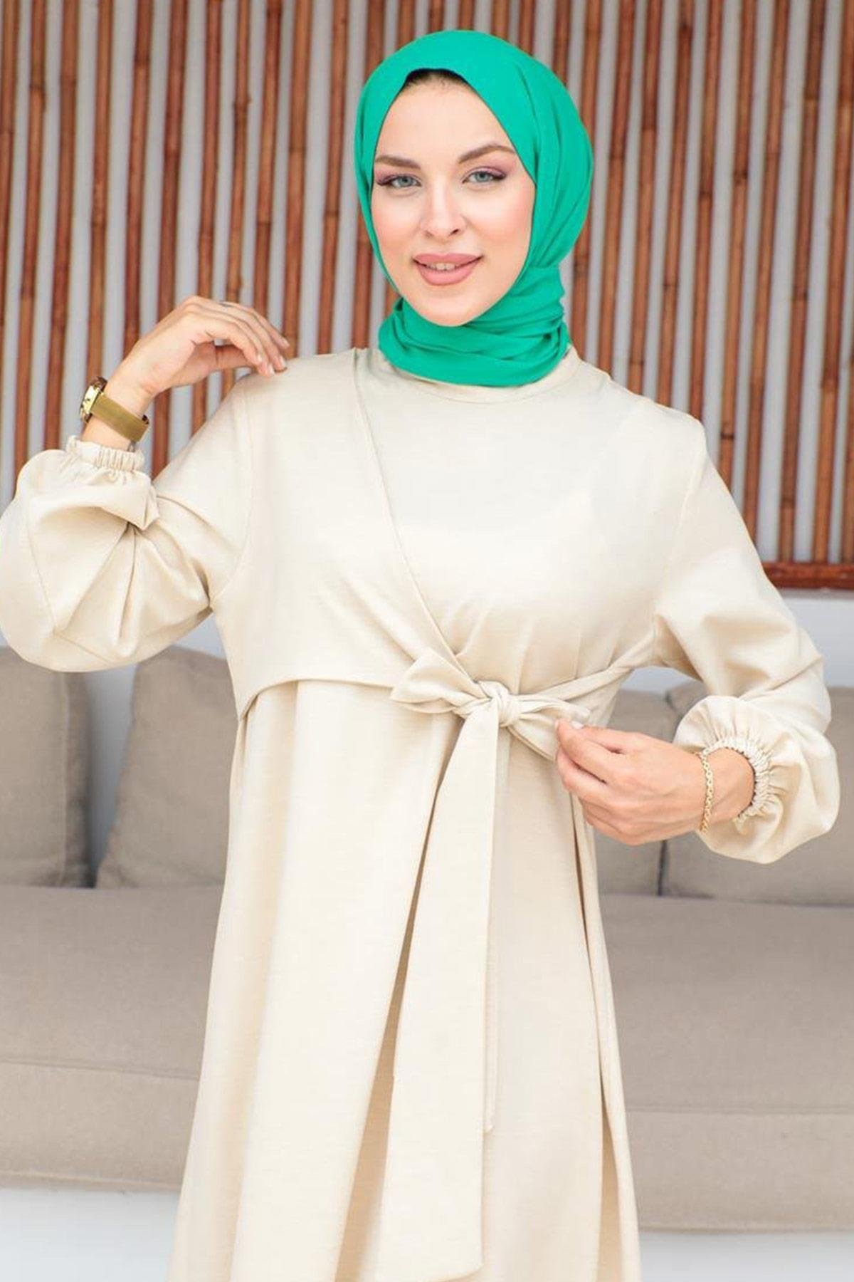 Bel Bağlama Detaylı Tesettür Bej elbise