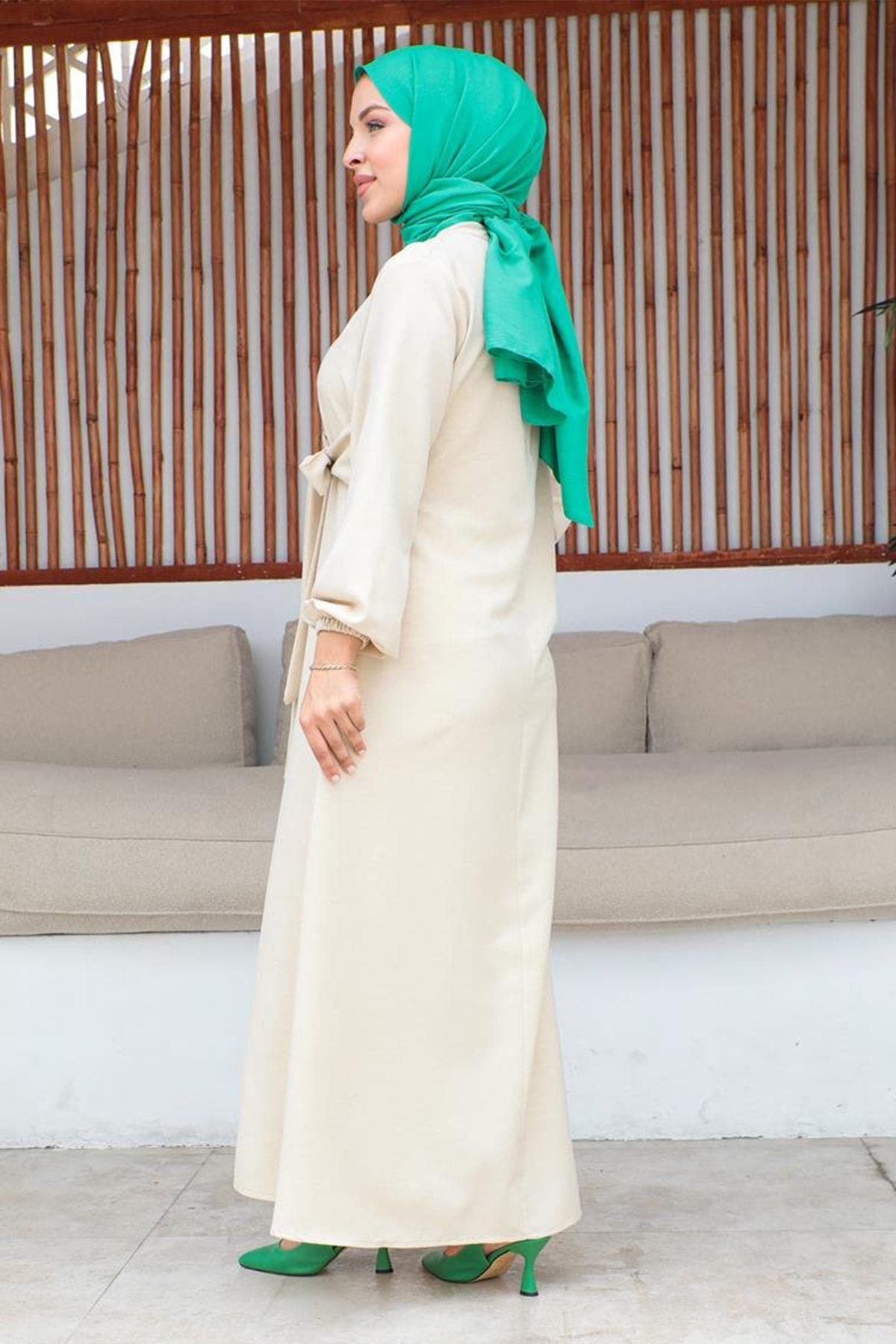 Bel Bağlama Detaylı Tesettür Bej elbise