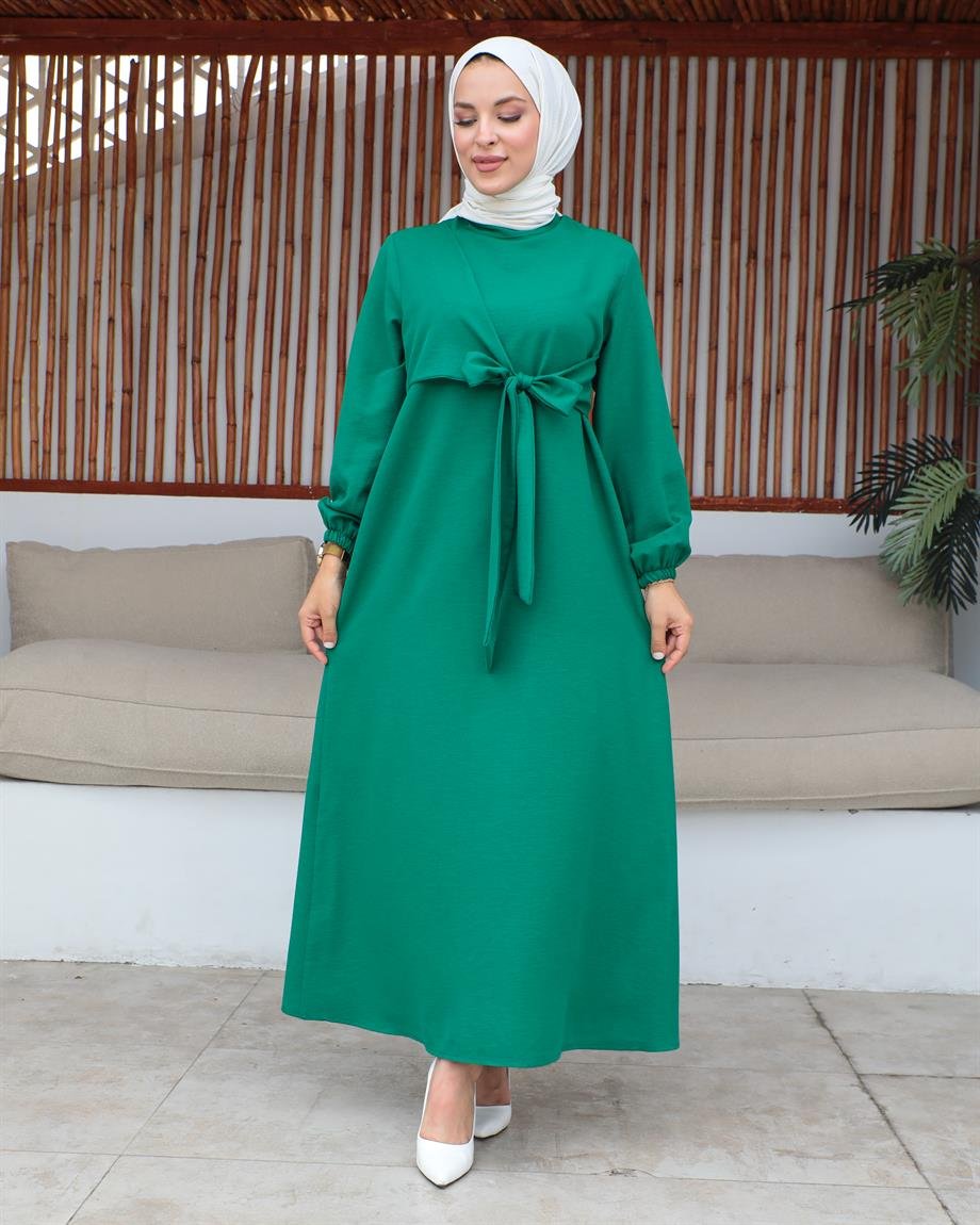 Bel Bağlama Detaylı Tesettür Koyu Yeşil elbise