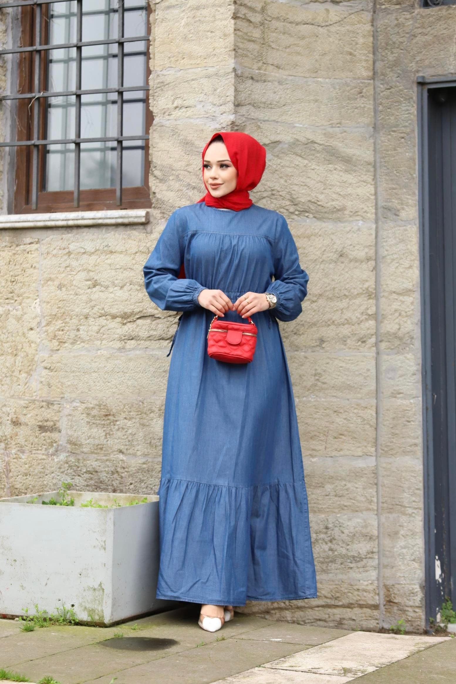 Bel Detaylı Tesettür koyu Lacivert Kot elbise