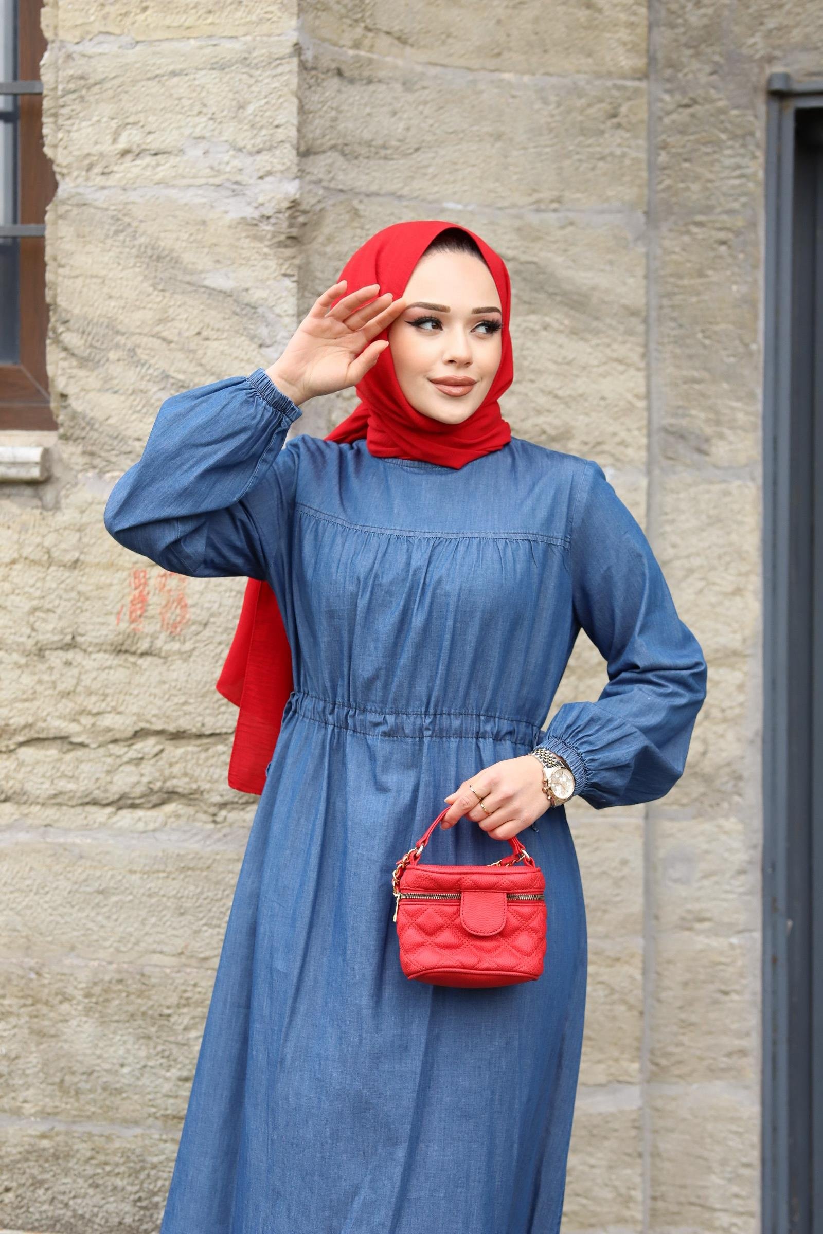 Bel Detaylı Tesettür koyu Lacivert Kot elbise