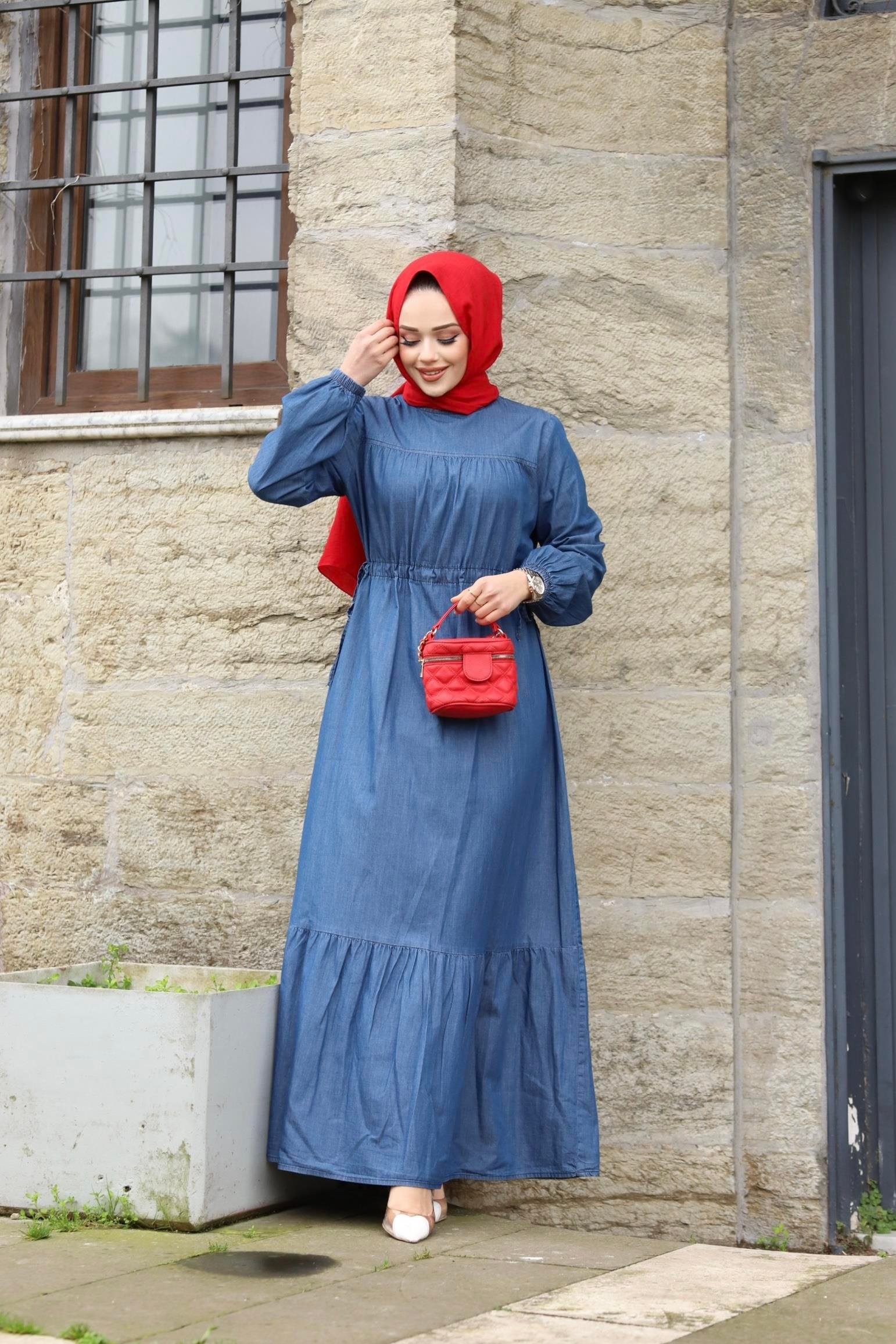 Bel Detaylı Tesettür koyu Lacivert Kot elbise