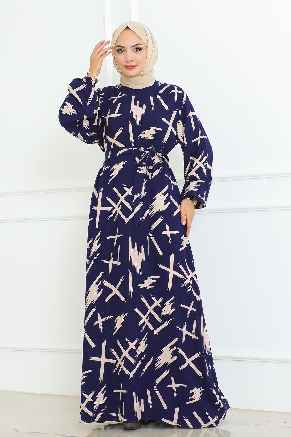 Beli Kuşaklı Fırça Desenli Elbise İndigo 4335