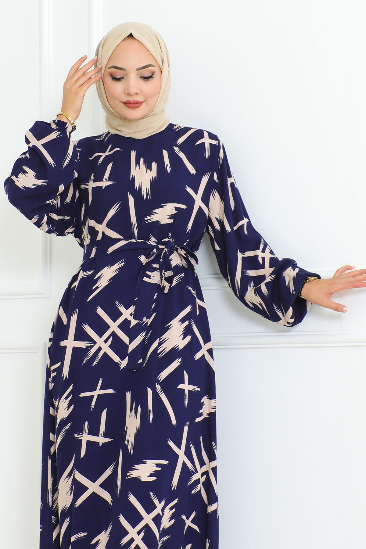 Beli Kuşaklı Fırça Desenli Elbise İndigo 4335