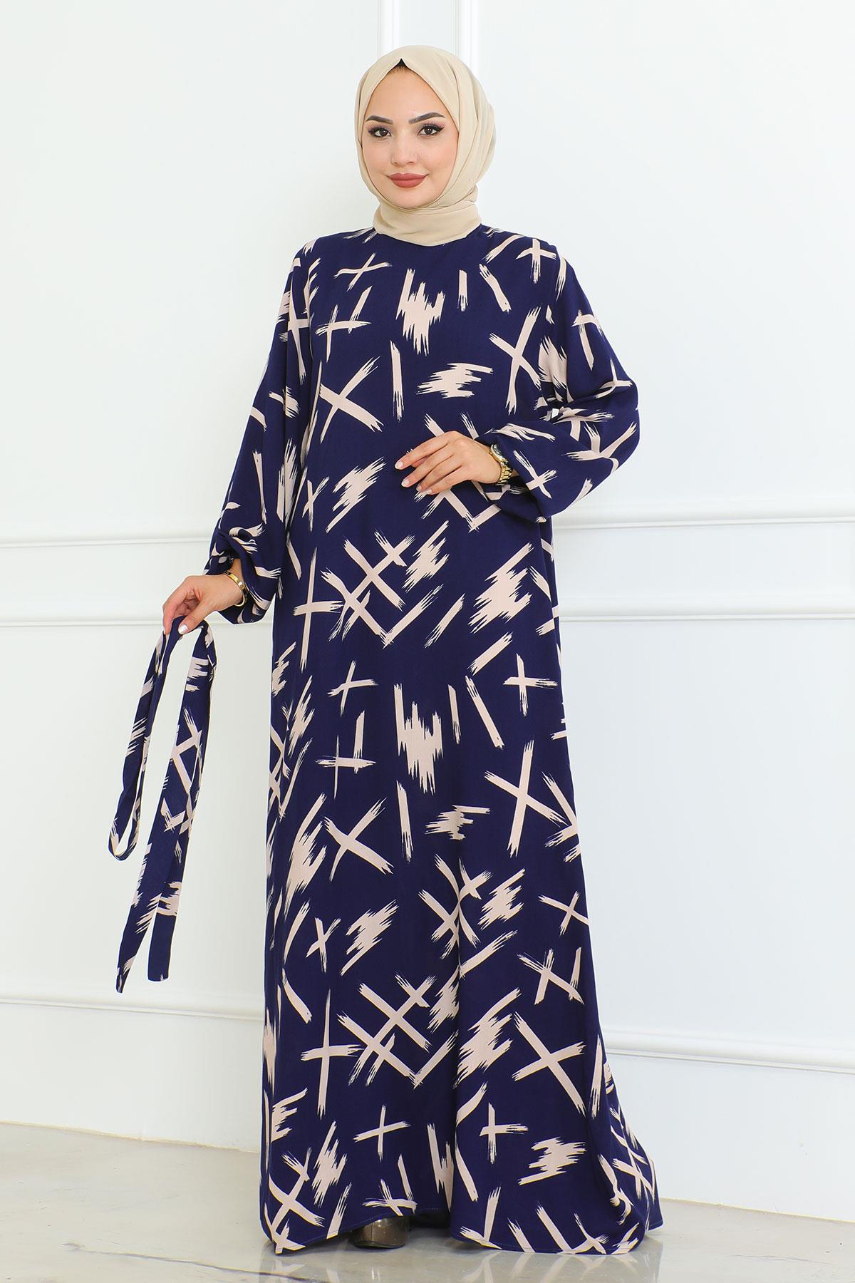 Beli Kuşaklı Fırça Desenli Elbise İndigo 4335