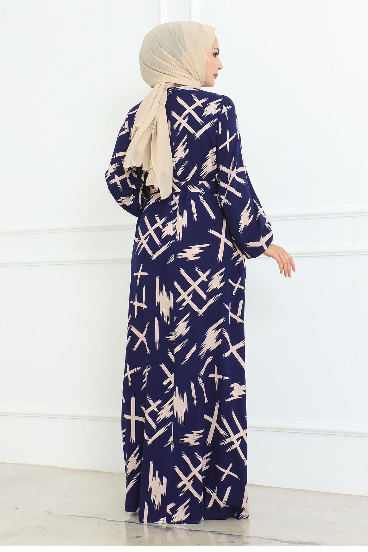 Beli Kuşaklı Fırça Desenli Elbise İndigo 4335