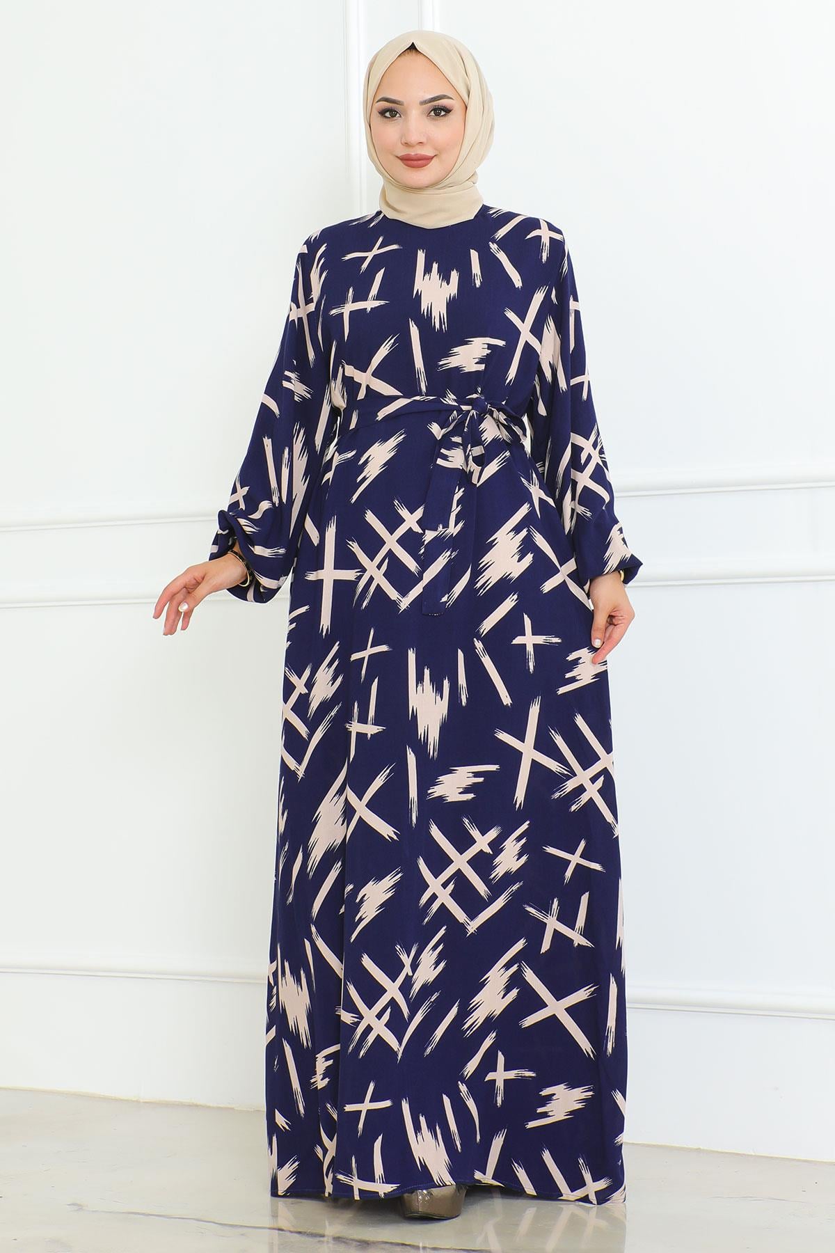 Beli Kuşaklı Fırça Desenli Elbise İndigo 4335