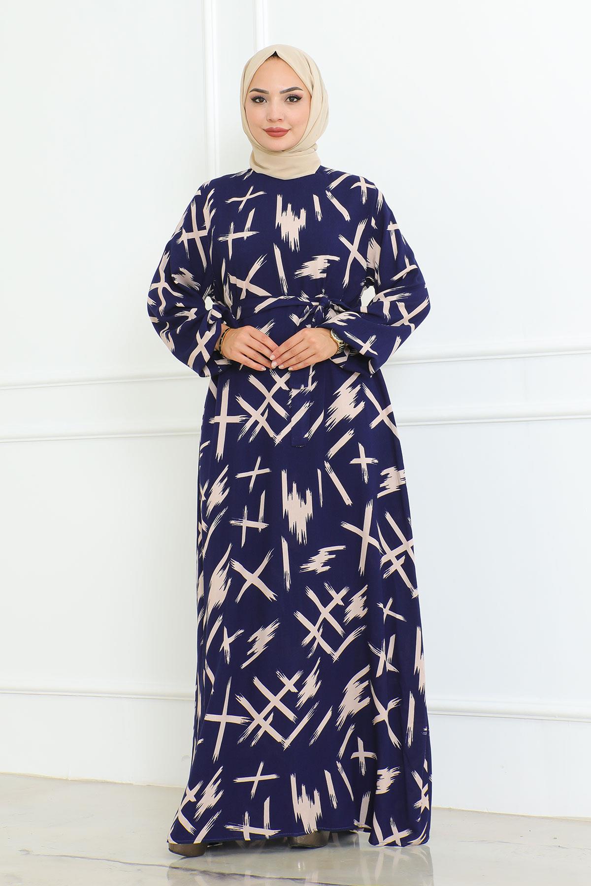 Beli Kuşaklı Fırça Desenli Elbise İndigo 4335