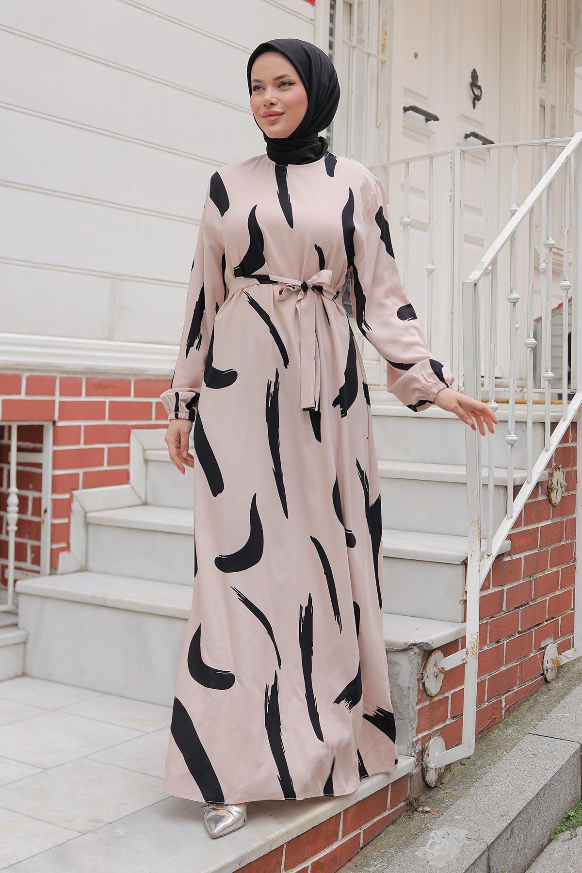 Büyük Fırça Desenli Viskon Elbise Bej