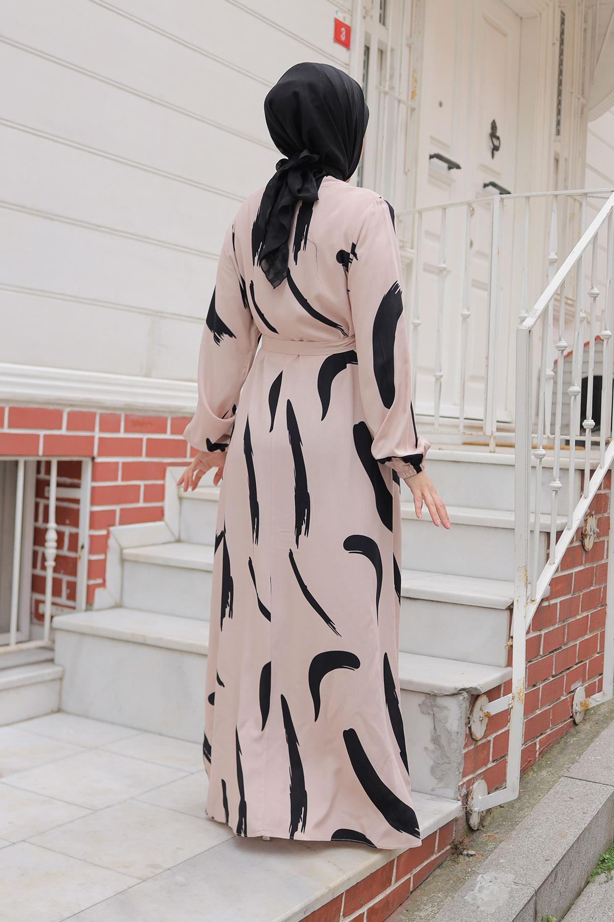 Büyük Fırça Desenli Viskon Elbise Bej