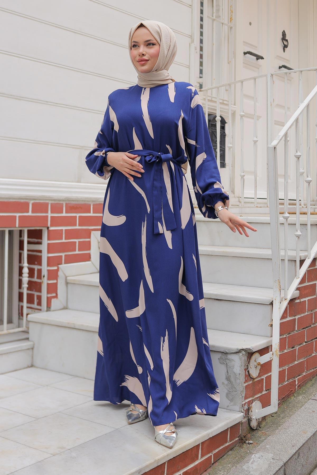 Büyük Fırça Desenli Viskon Elbise İndigo