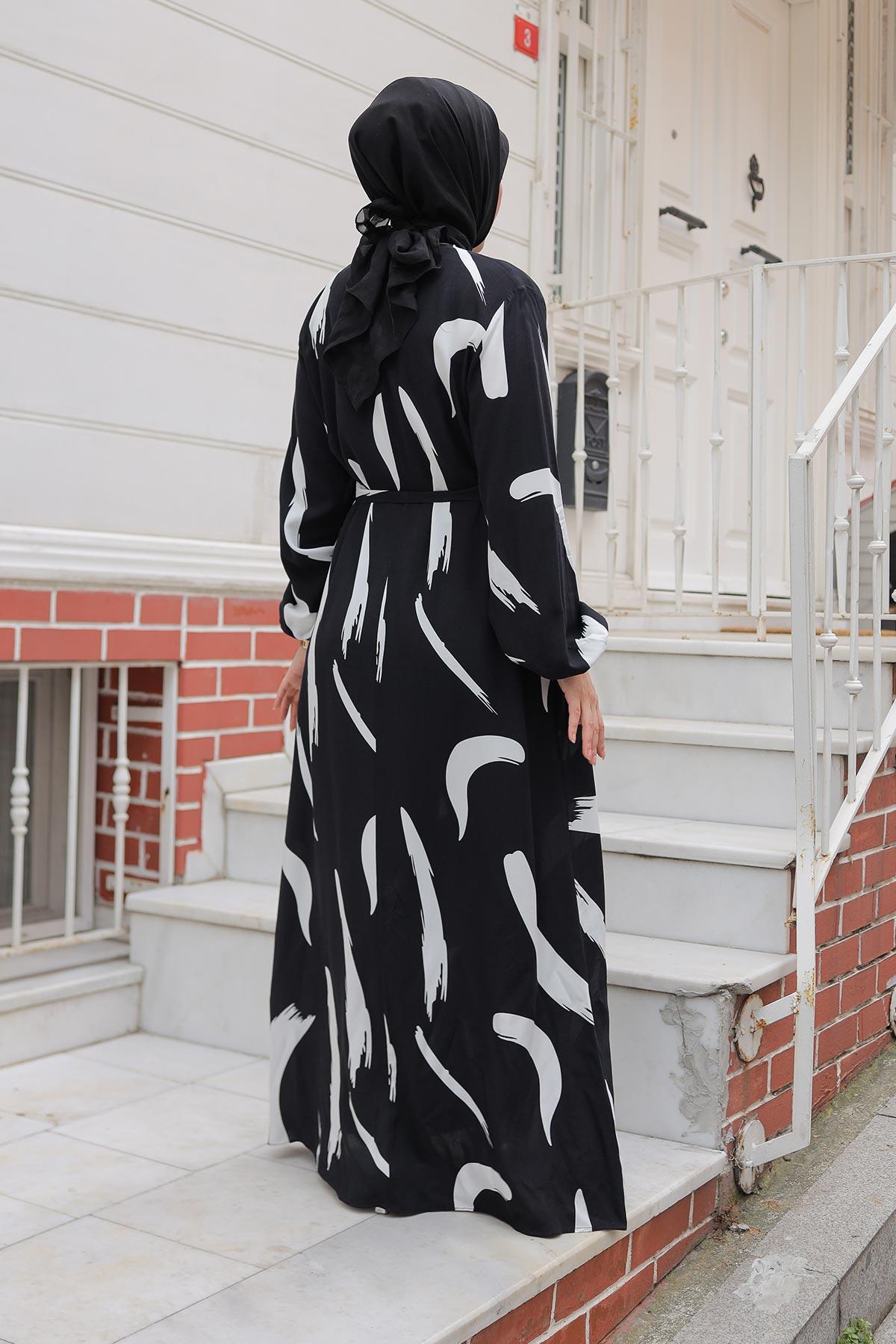 Büyük Fırça Desenli Viskon Elbise Siyah