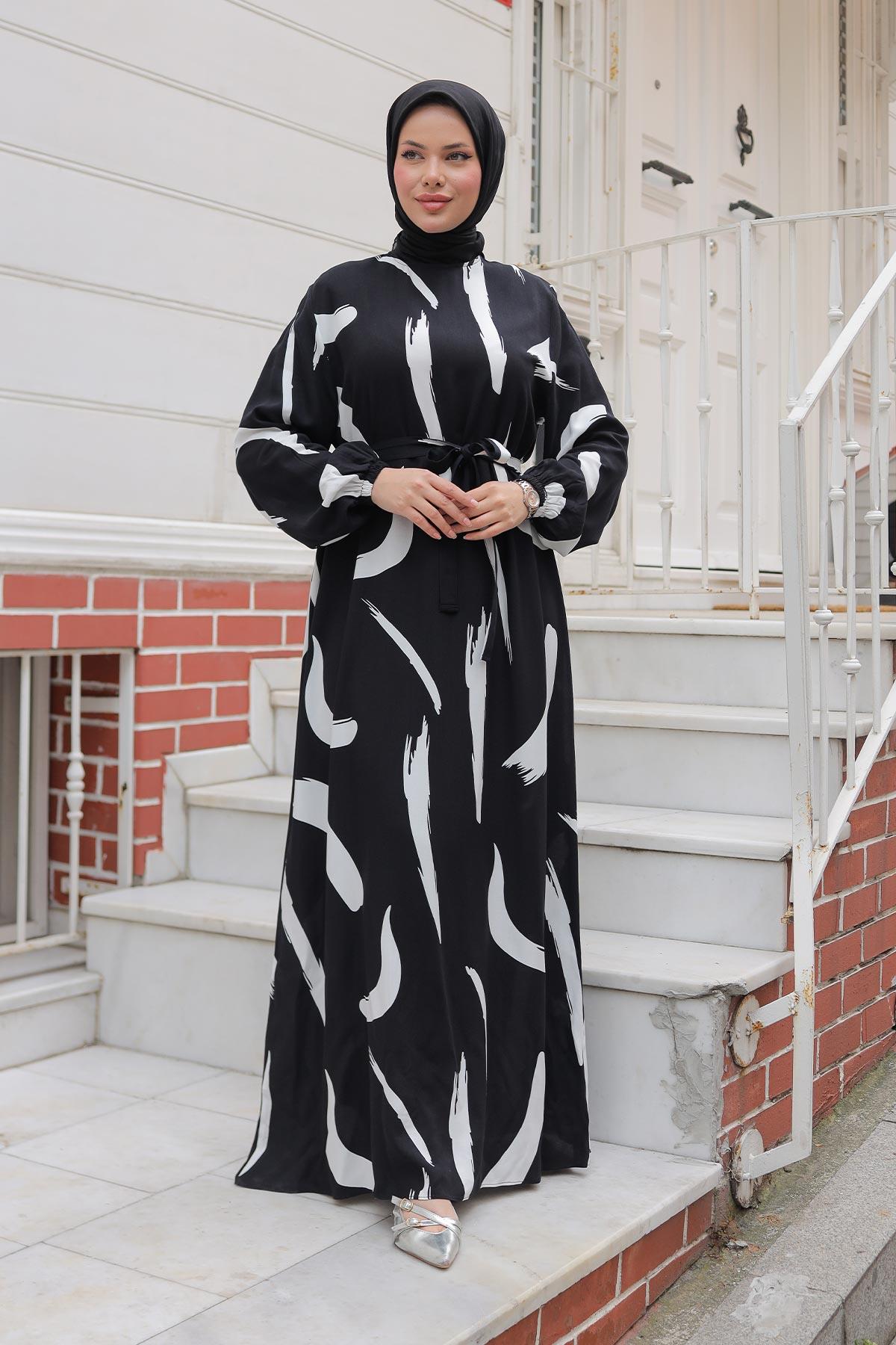 Büyük Fırça Desenli Viskon Elbise Siyah