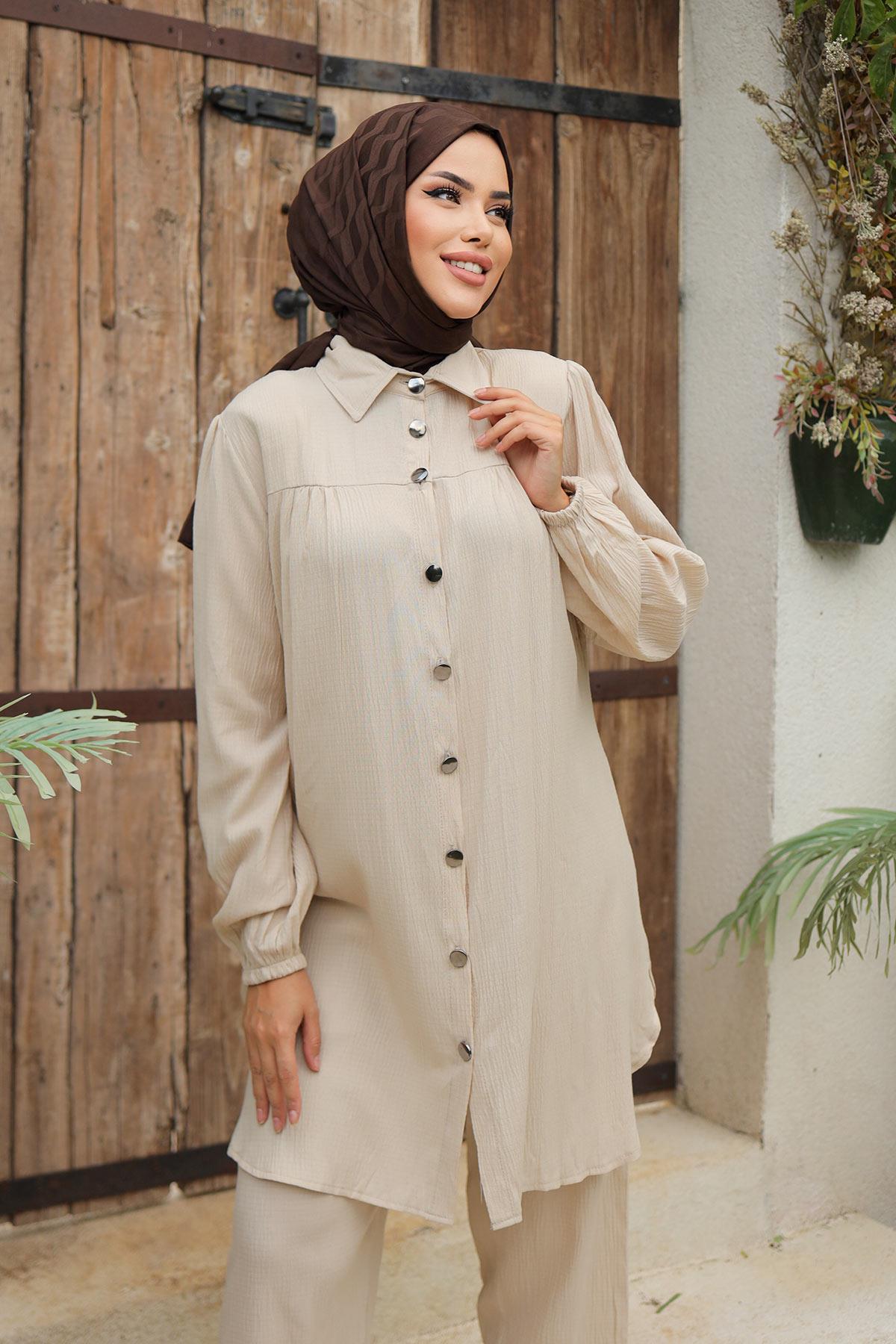 Büzgü Detaylı Tesettür Bej Takım 
