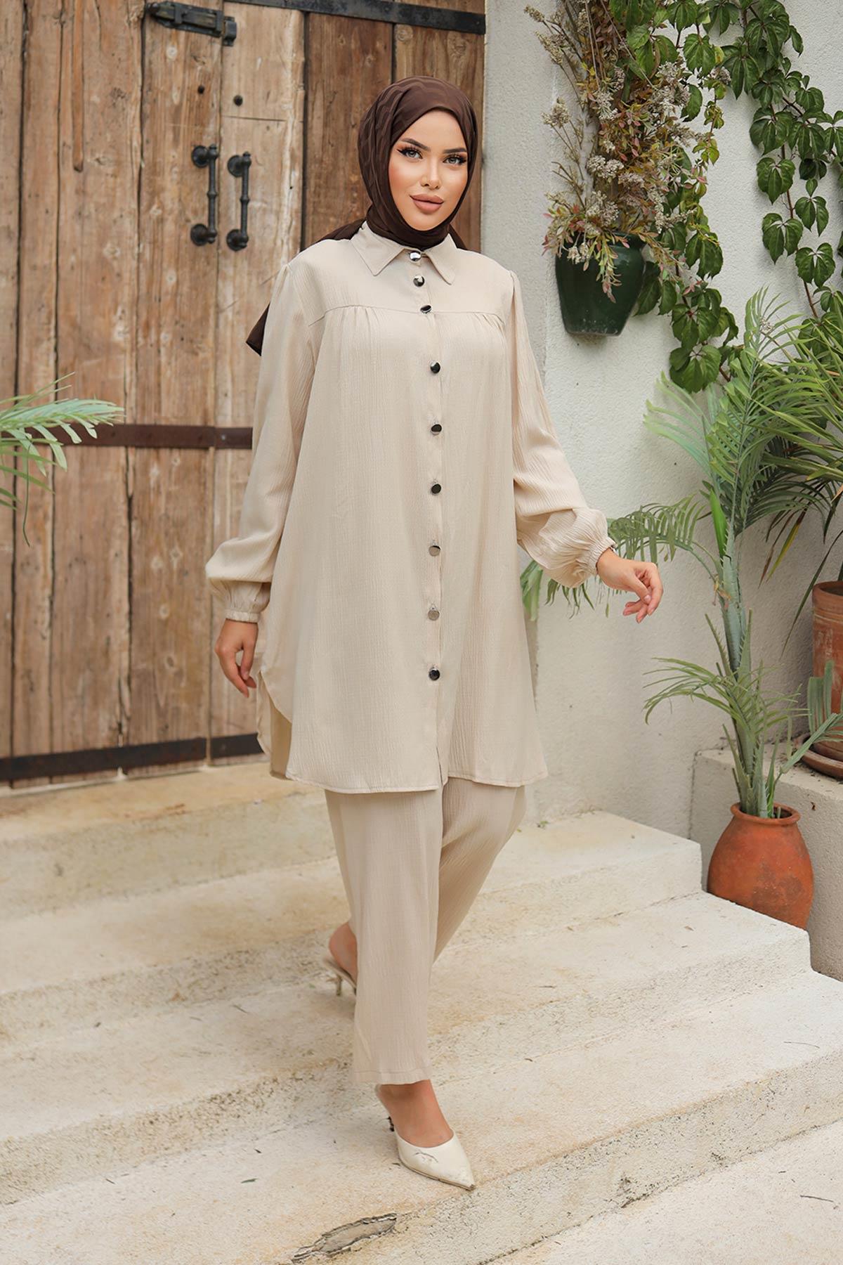 Büzgü Detaylı Tesettür Bej Takım 