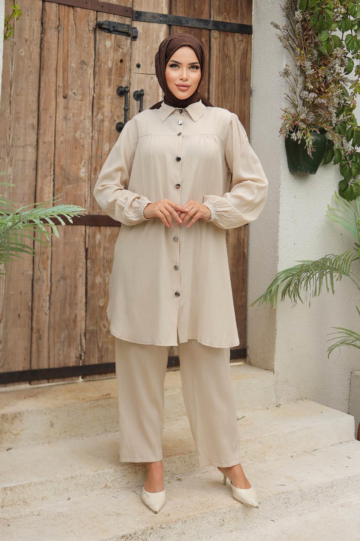 Büzgü Detaylı Tesettür Bej Takım 