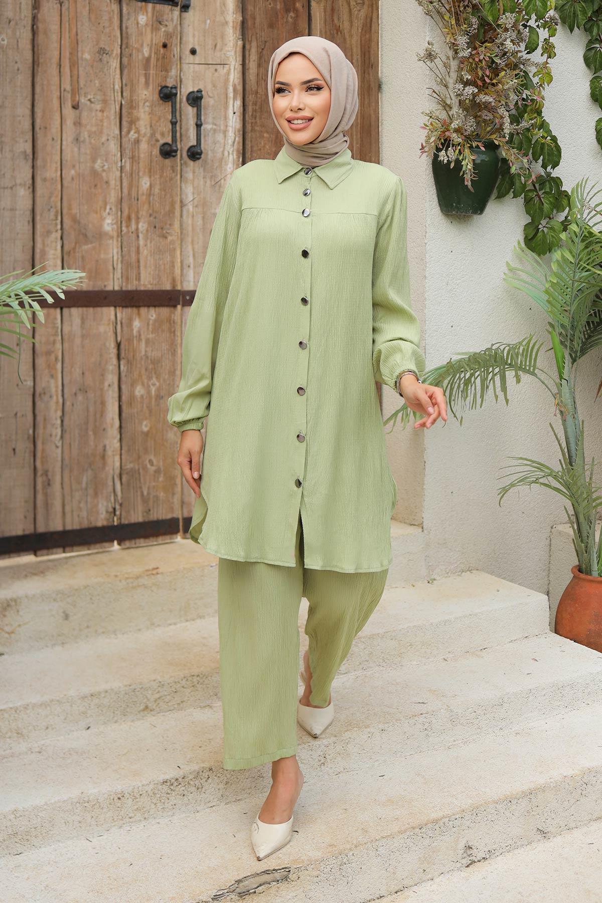 Büzgü Detaylı Tesettür Mint Takım