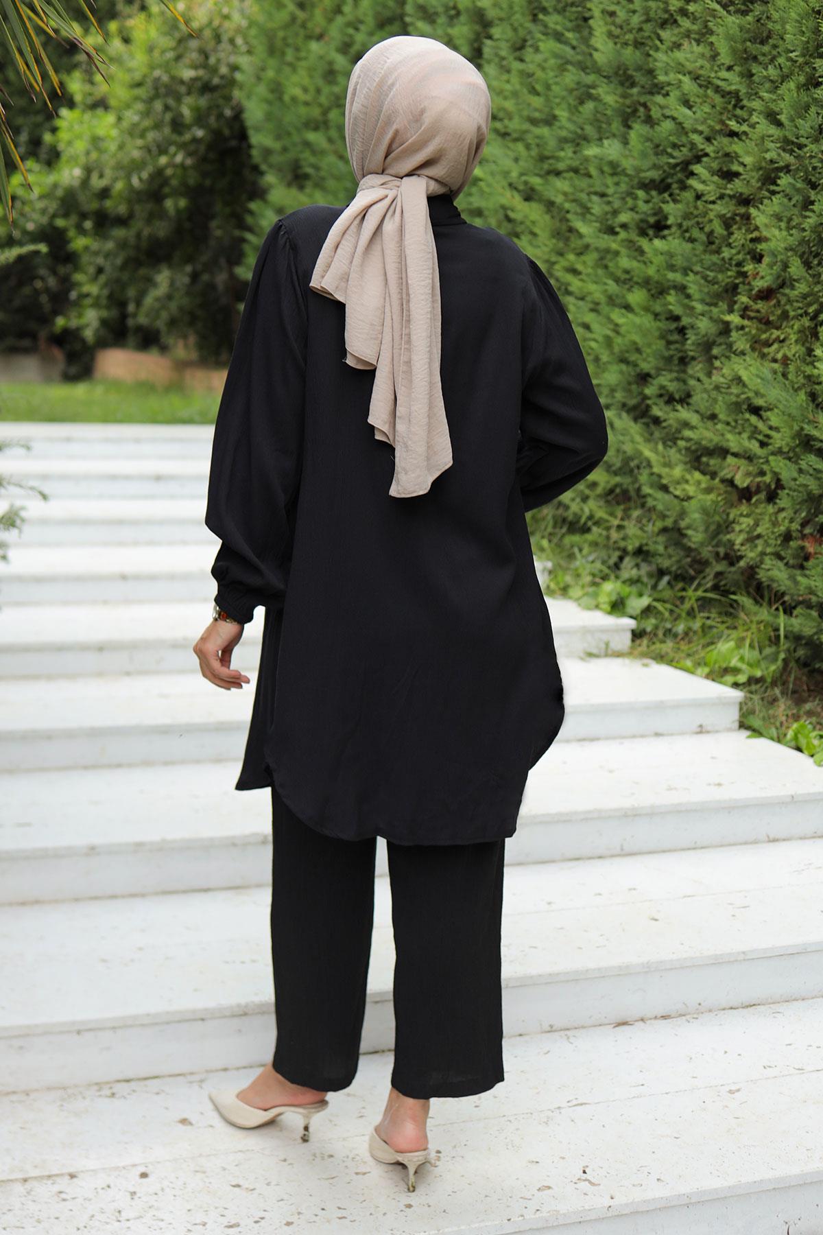 Büzgü Detaylı Tesettür Siyah Takım 