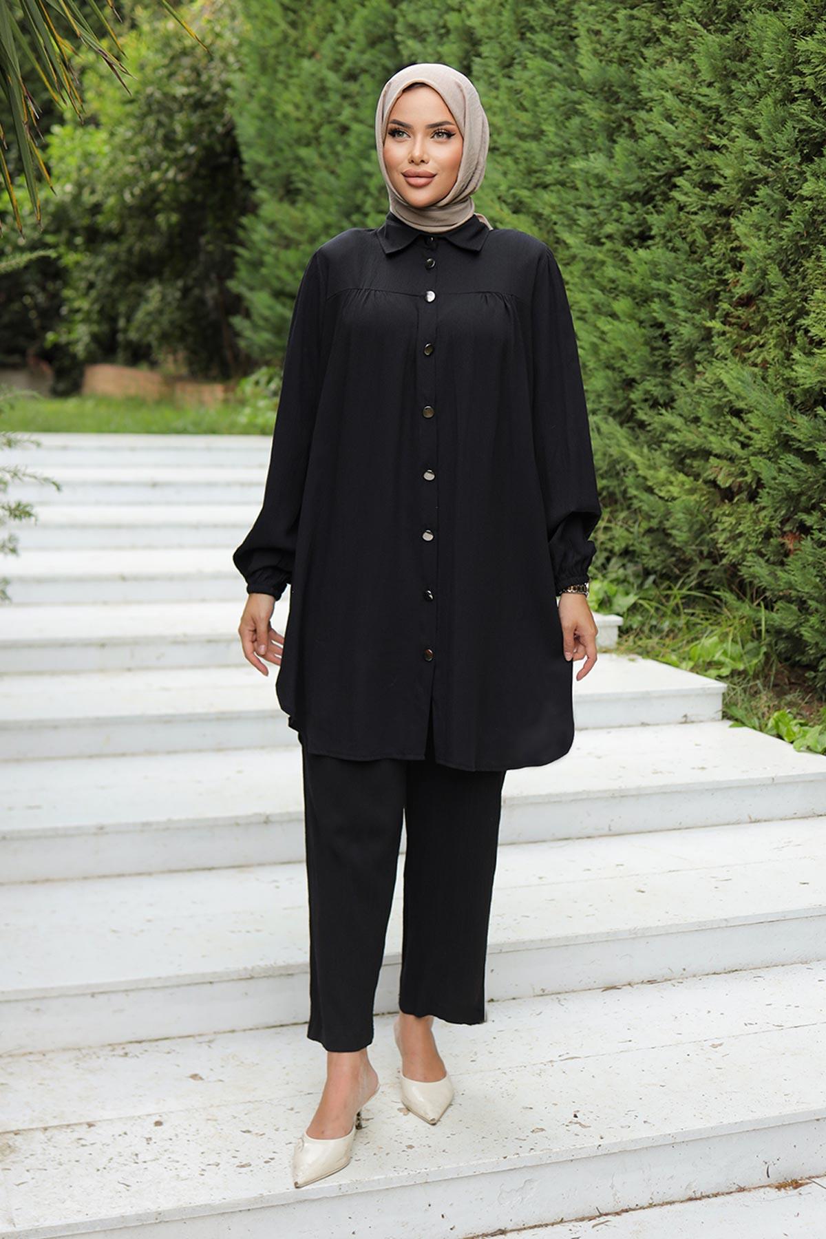 Büzgü Detaylı Tesettür Siyah Takım 