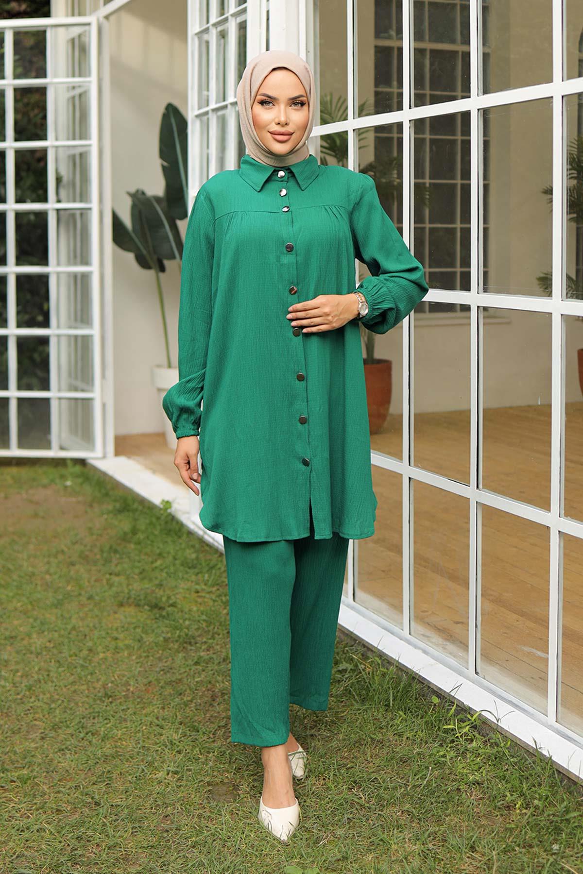 Büzgü Detaylı Tesettür Yeşil Takım 