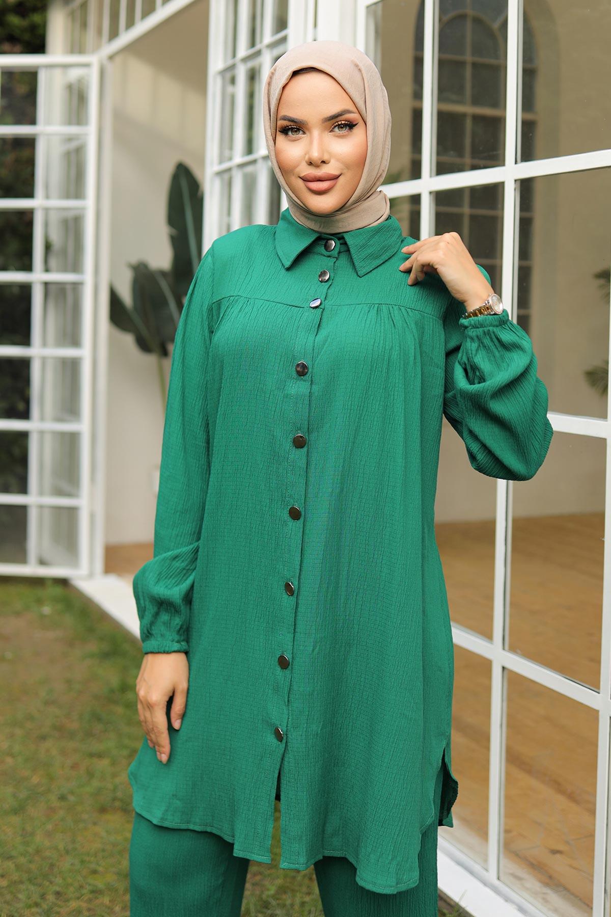 Büzgü Detaylı Tesettür Yeşil Takım 