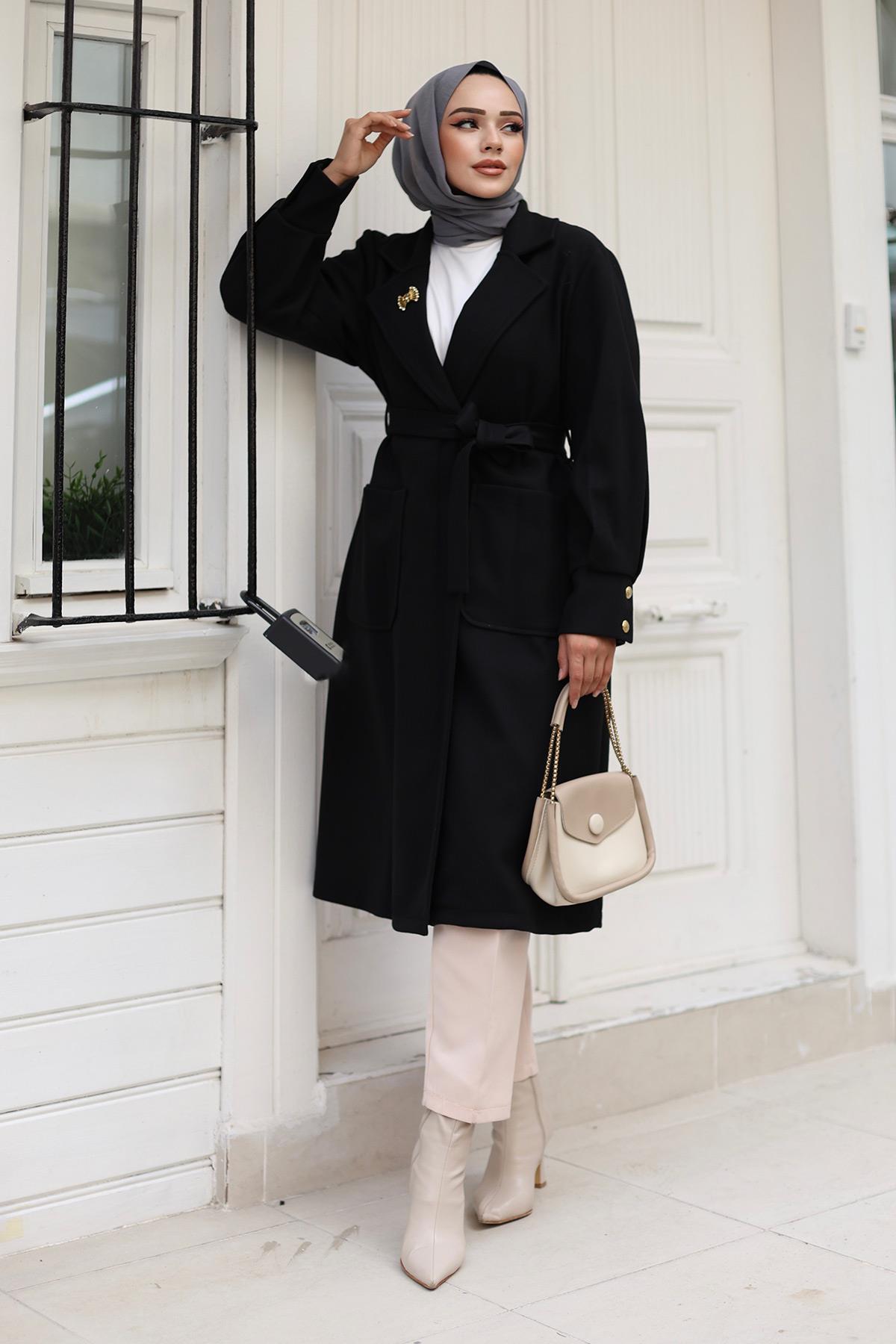 Cep Detaylı Kaşe Kaban Siyah 1221