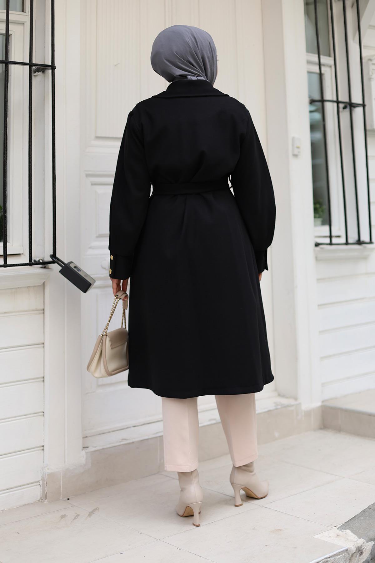 Cep Detaylı Kaşe Kaban Siyah 1221