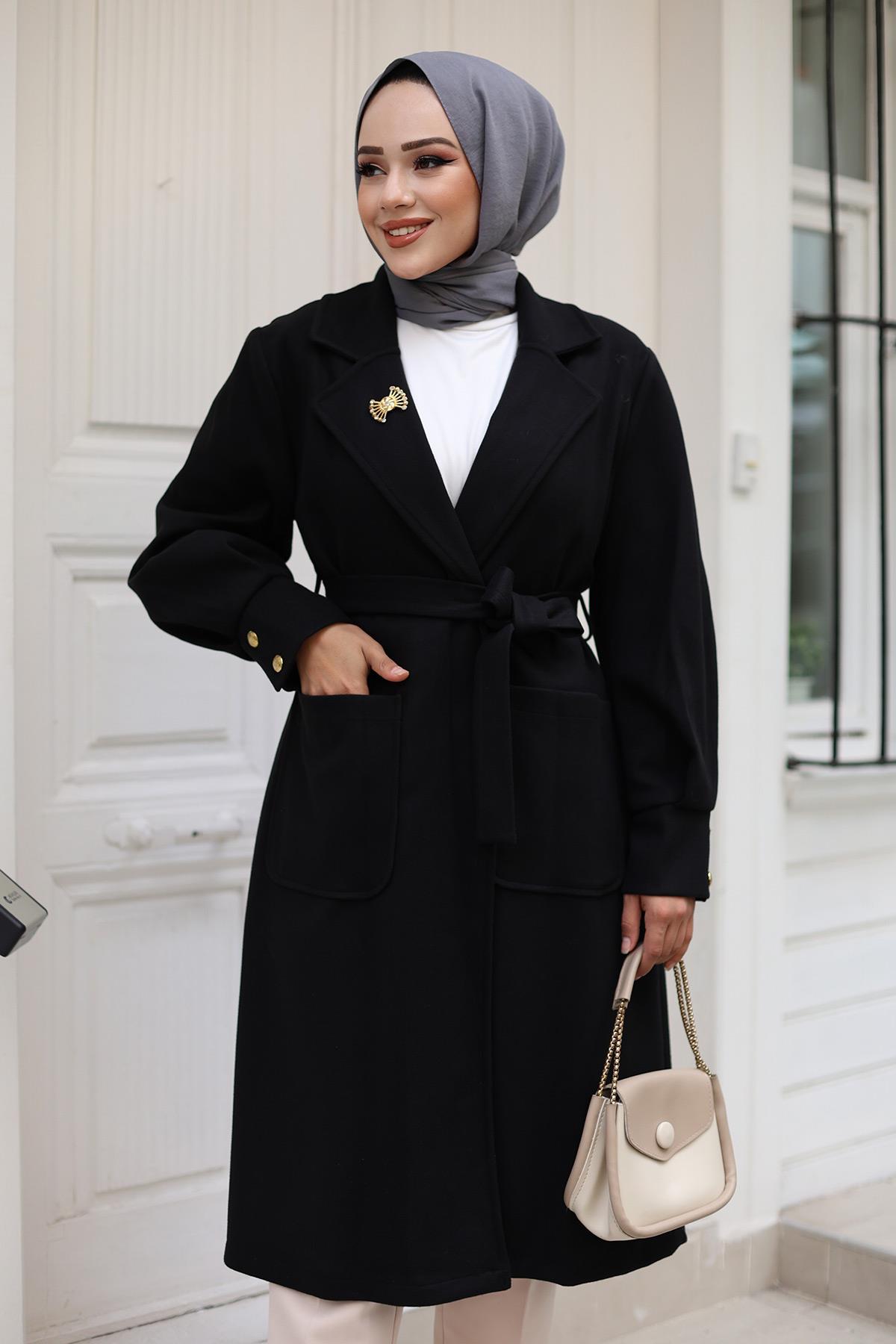 Cep Detaylı Kaşe Kaban Siyah 1221