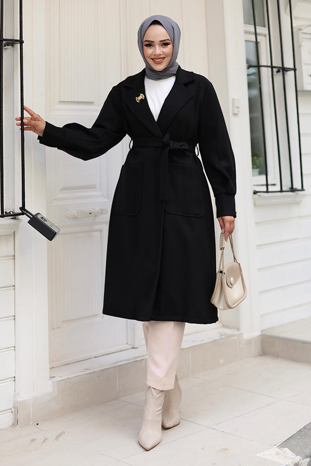 Cep Detaylı Kaşe Kaban Siyah 1221