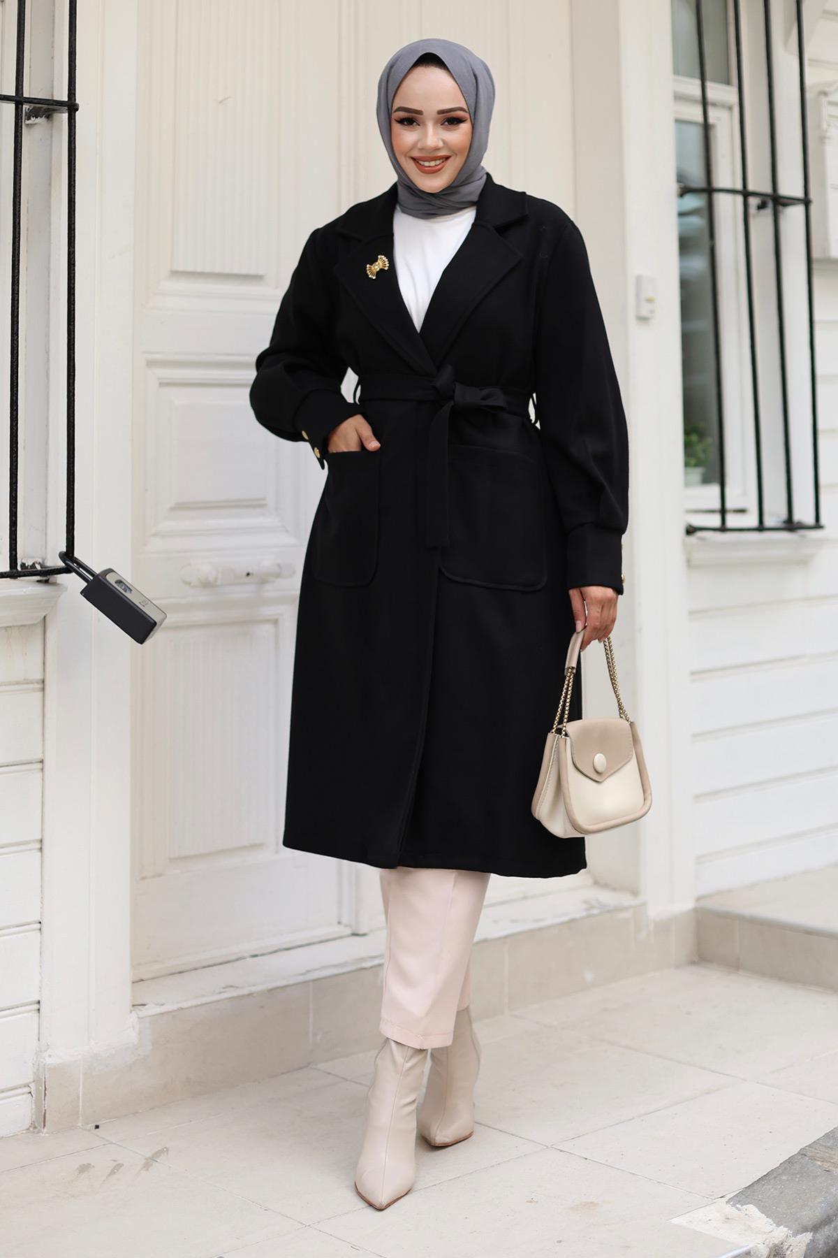 Cep Detaylı Kaşe Kaban Siyah 1221