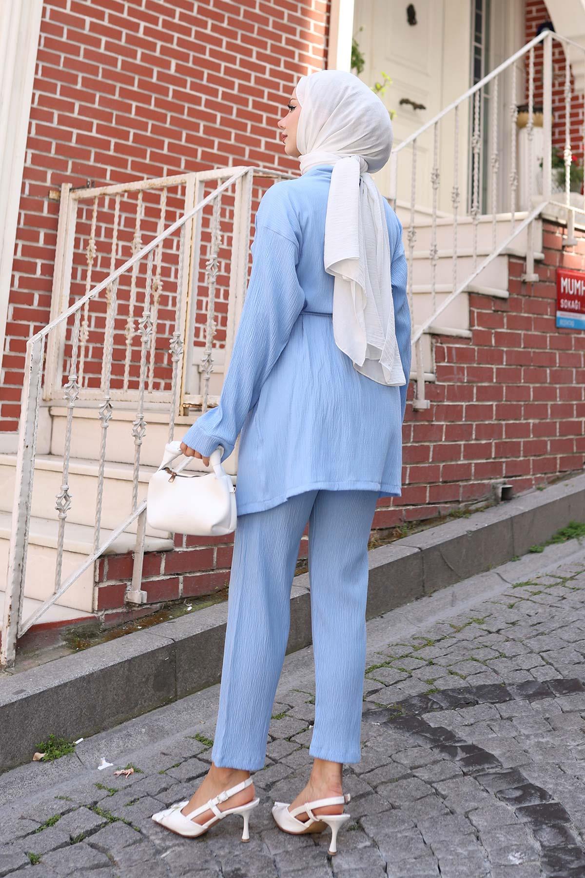 Cep Detaylı Kimono Takım Bebe Mavisi