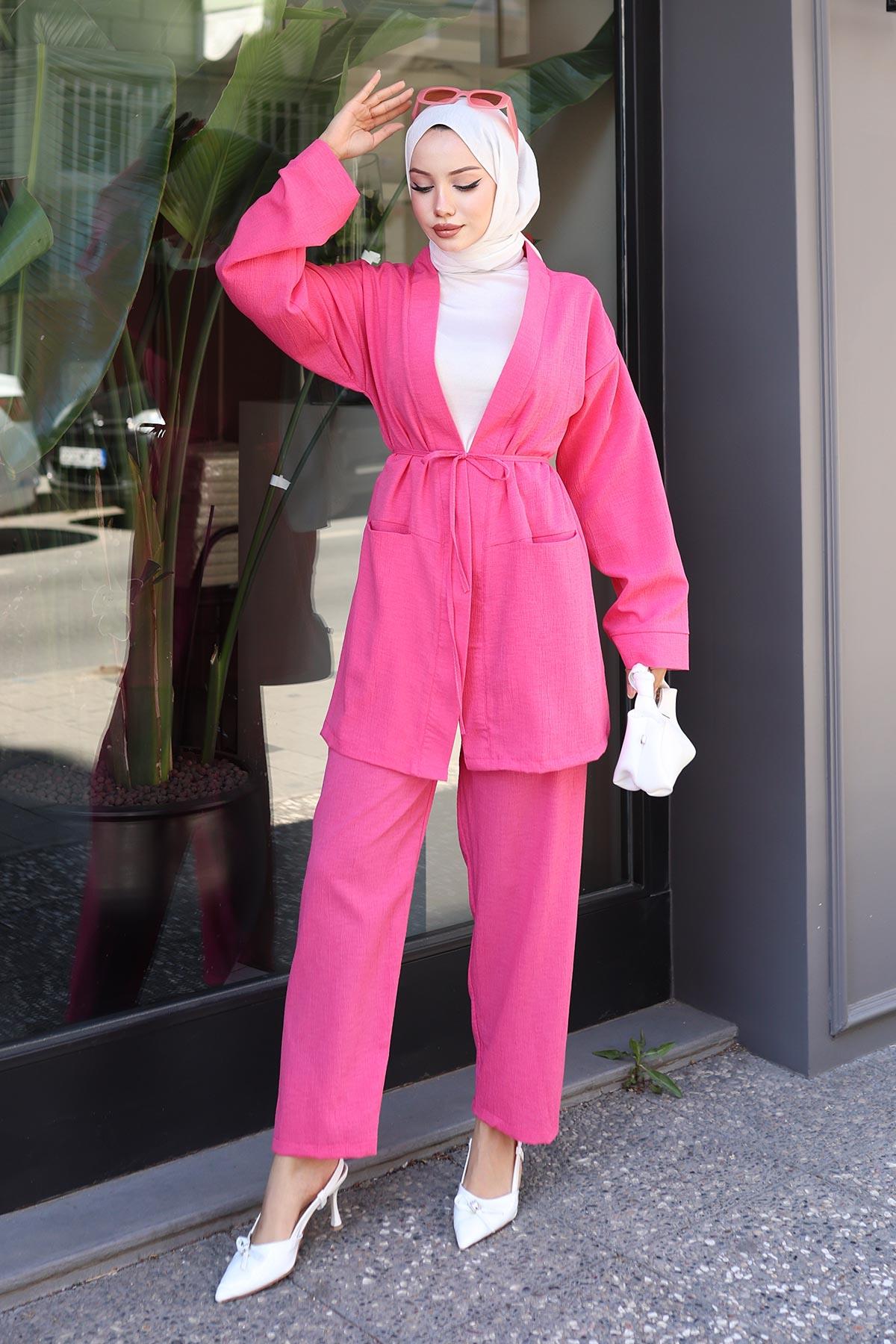 Cep Detaylı Kimono Takım Fuşya