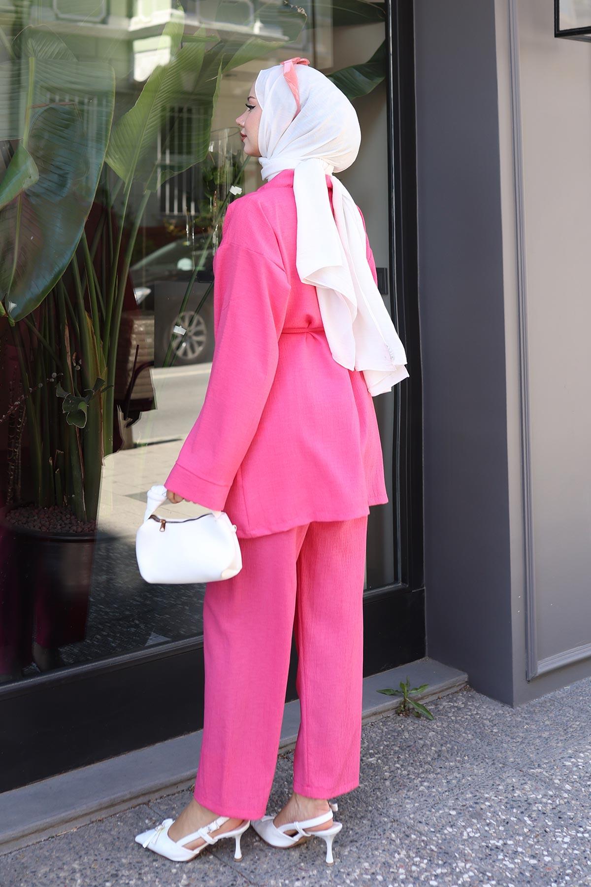 Cep Detaylı Kimono Takım Fuşya