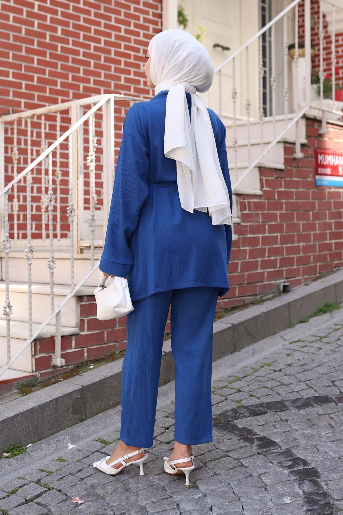 Cep Detaylı Kimono Takım İndigo