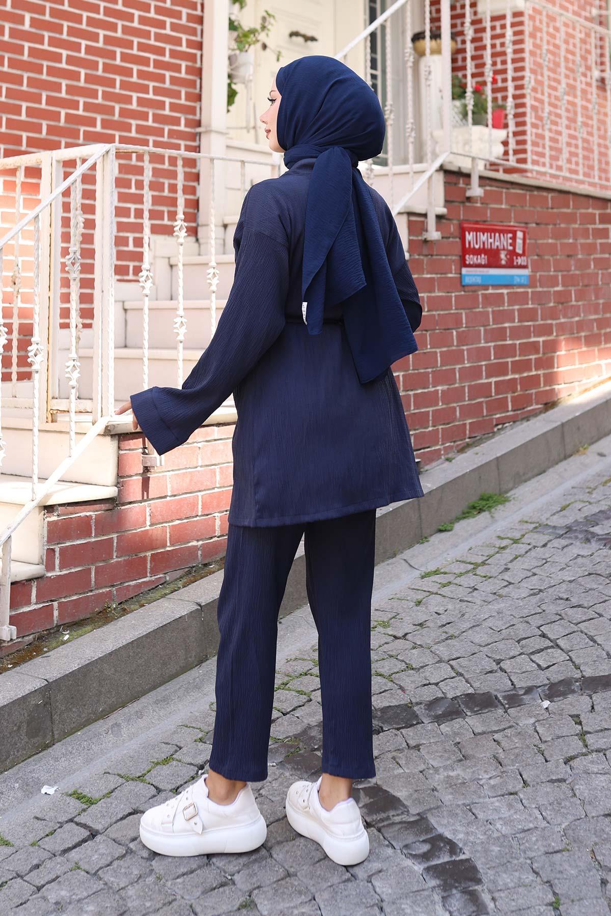 Cep Detaylı Kimono Takım Lacivert