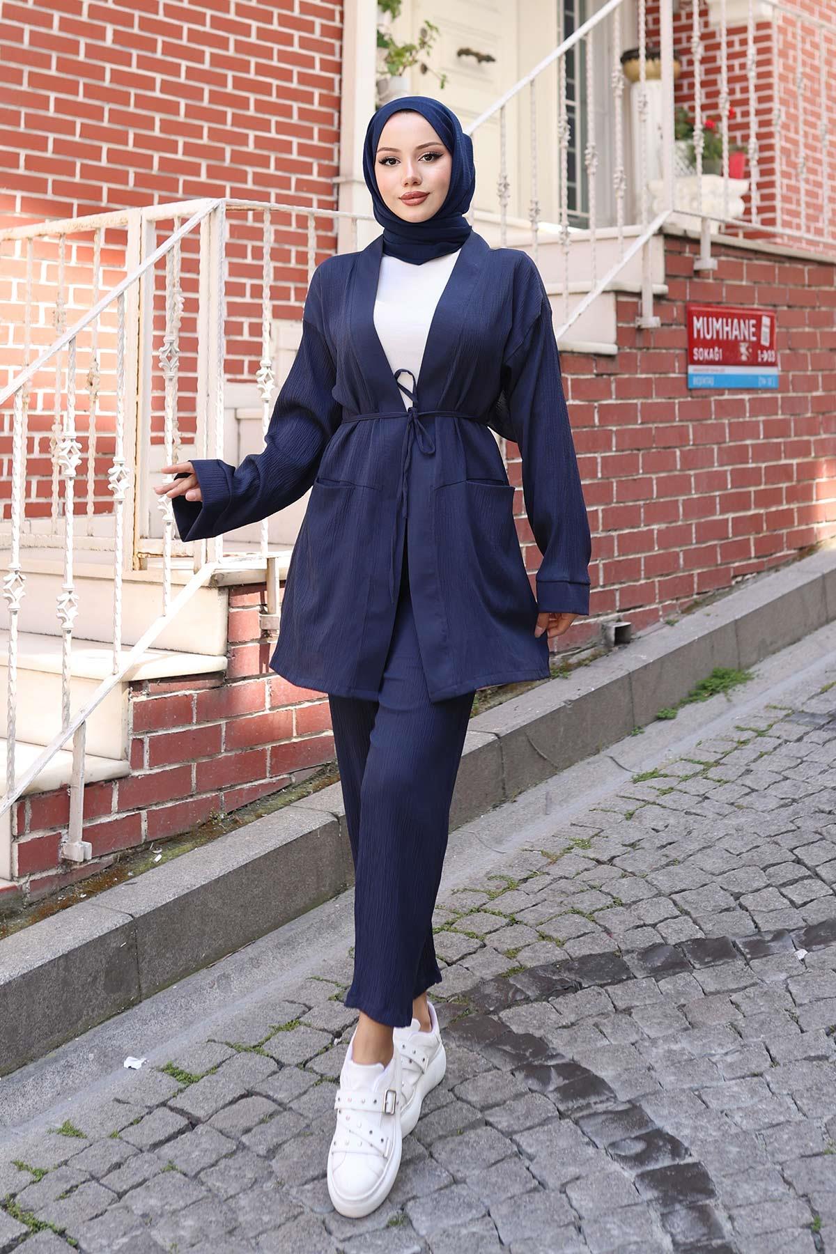 Cep Detaylı Kimono Takım Lacivert