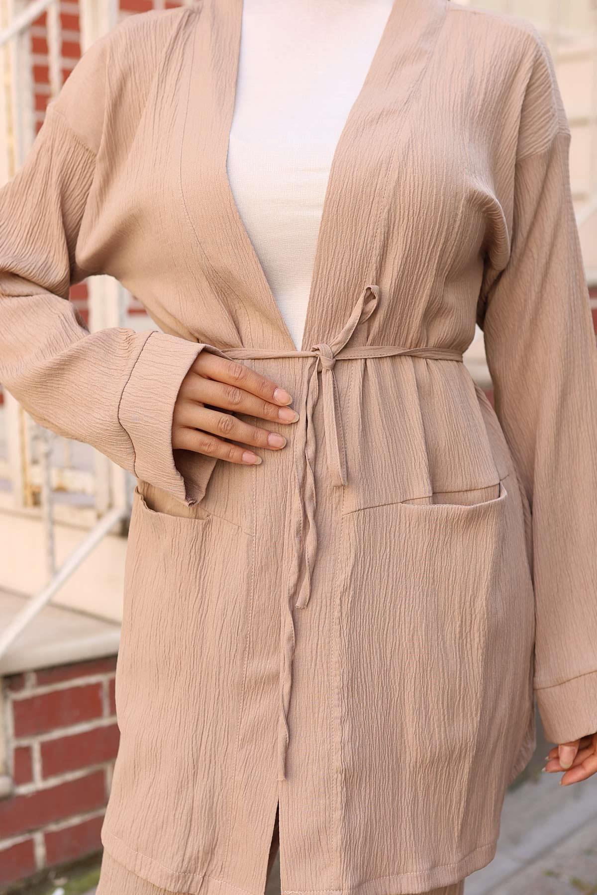 Cep Detaylı Kimono Takım Vizon