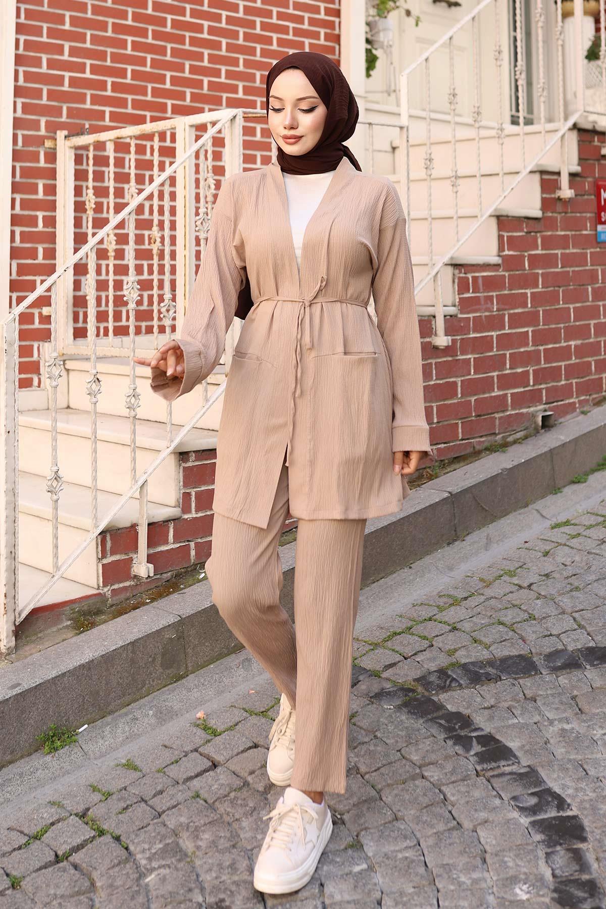 Cep Detaylı Kimono Takım Vizon