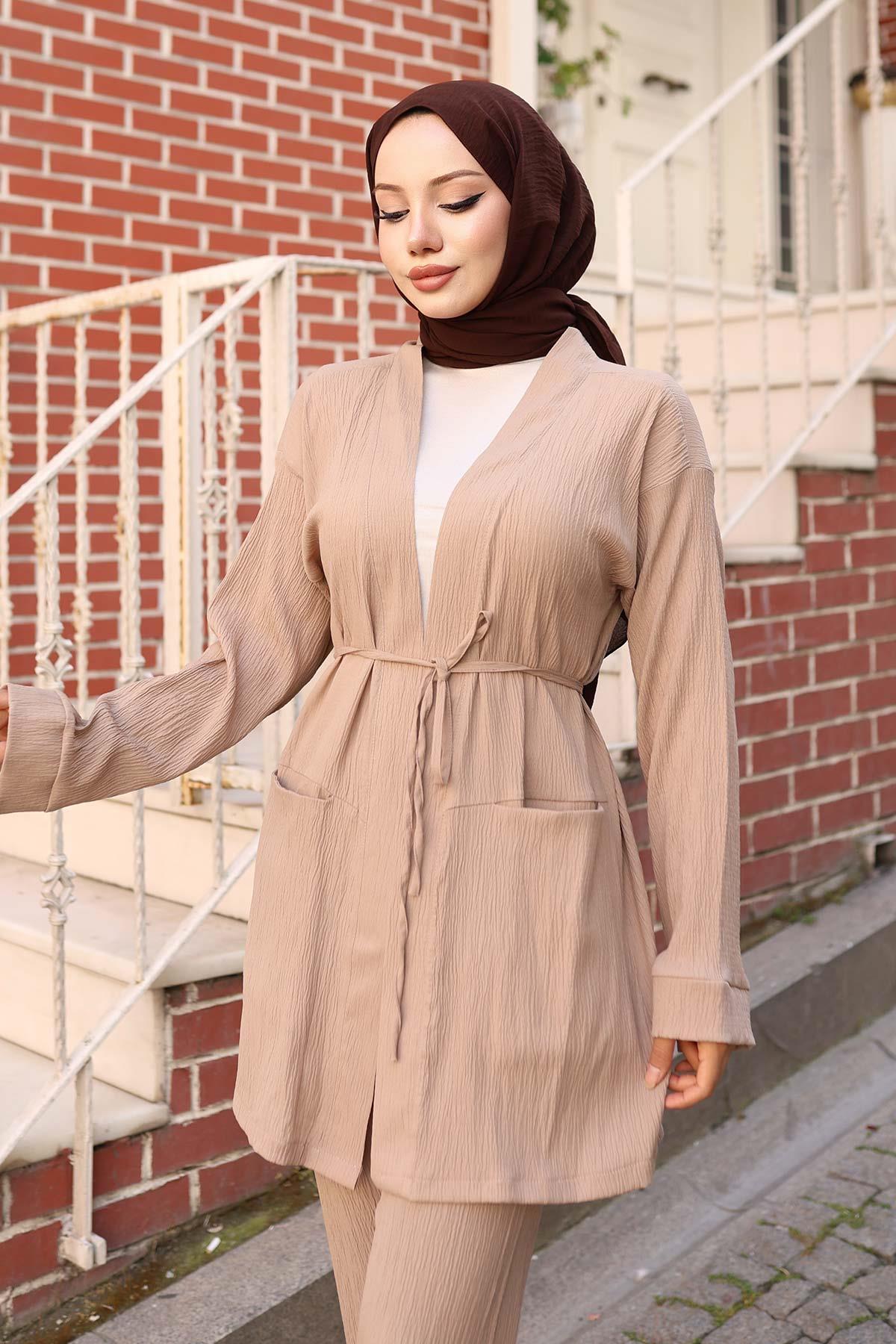 Cep Detaylı Kimono Takım Vizon