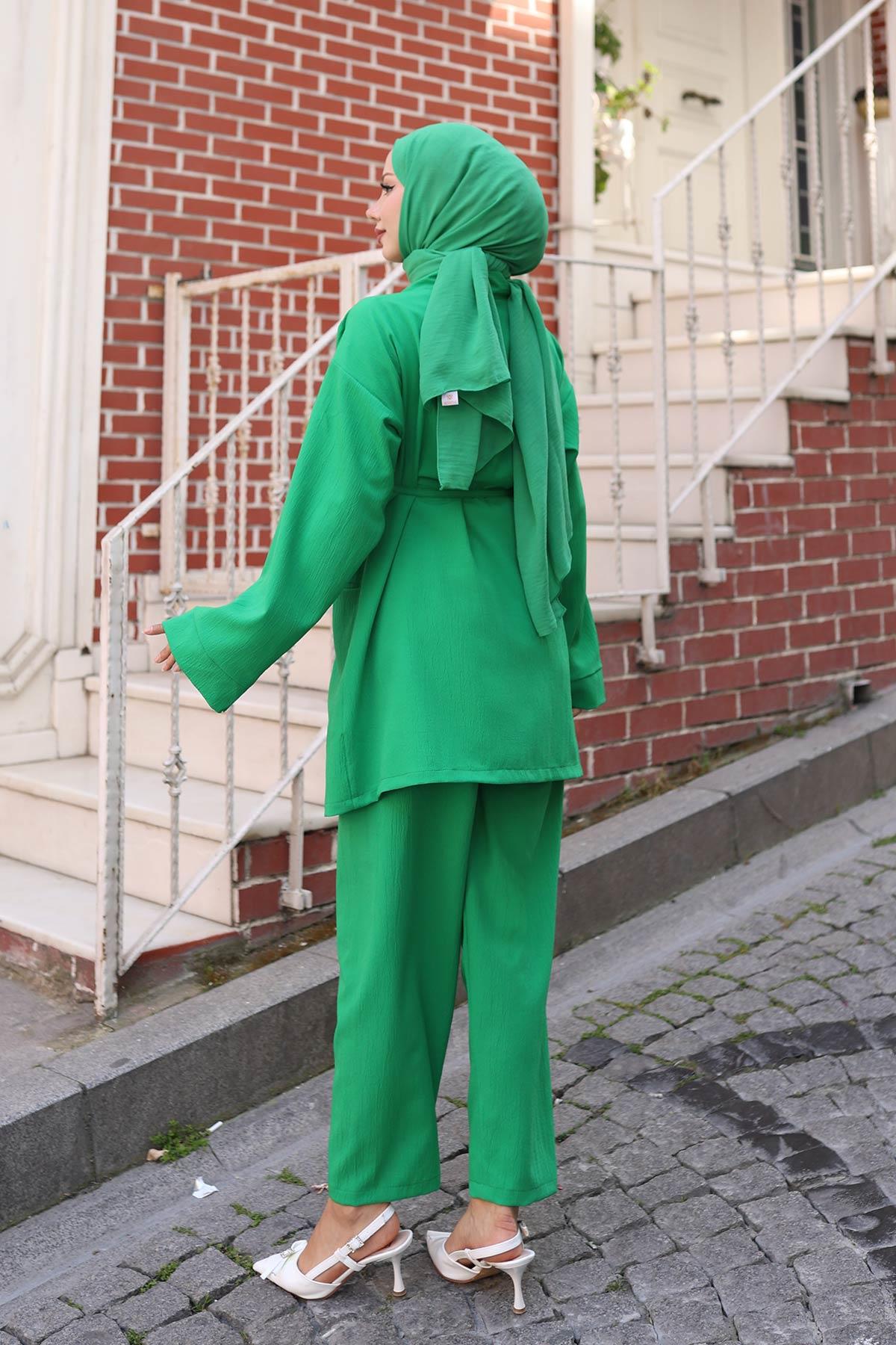 Cep Detaylı Kimono Takım Zümrüt