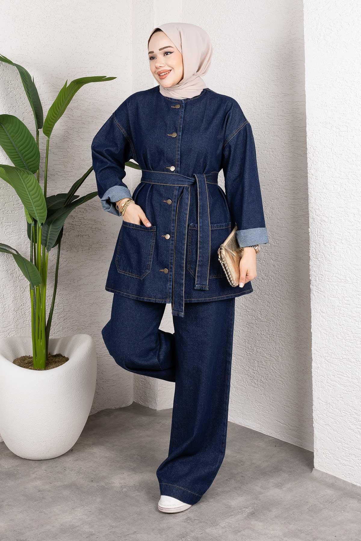 Cep Detaylı Kot Takım Koyu Mavi