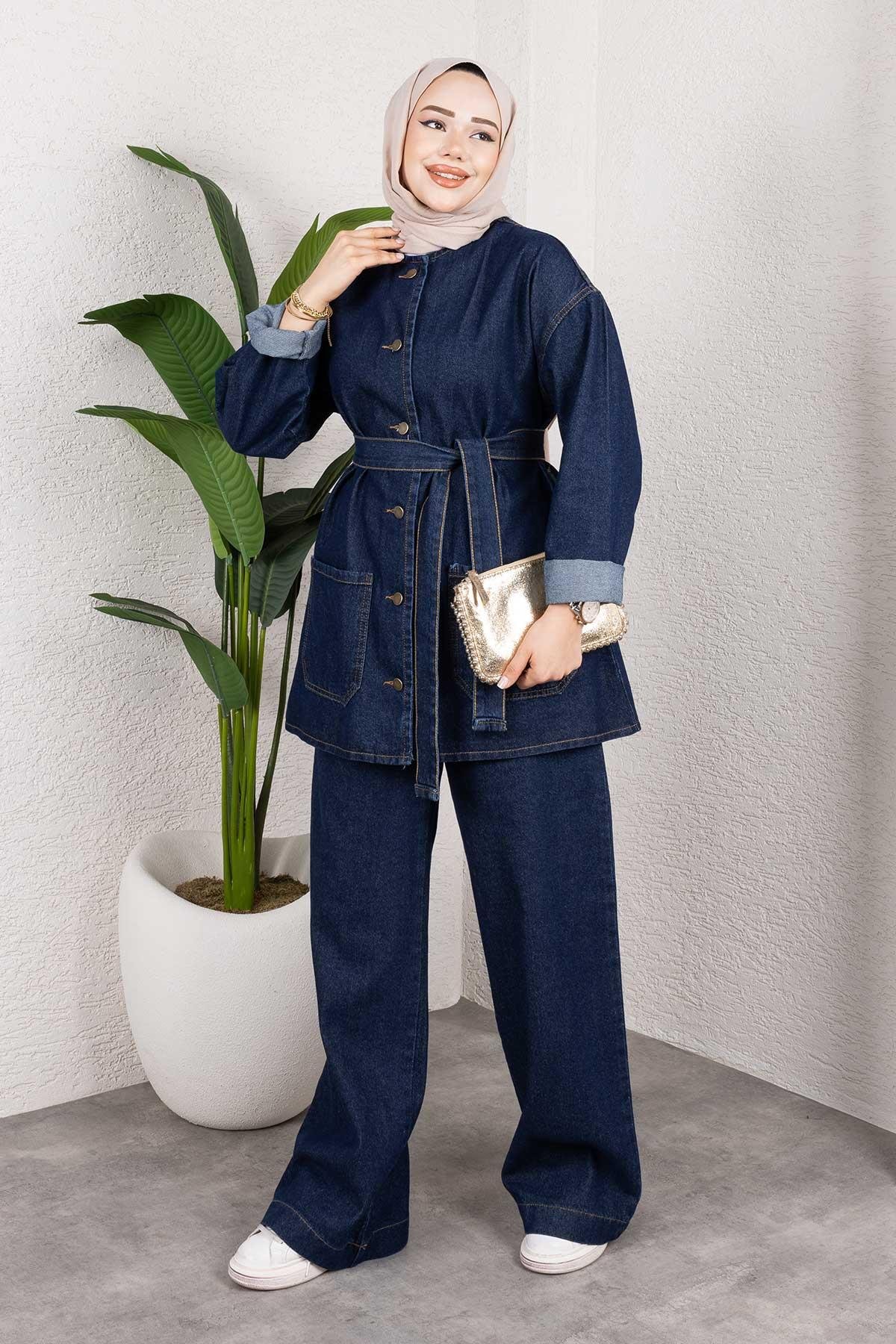 Cep Detaylı Kot Takım Koyu Mavi