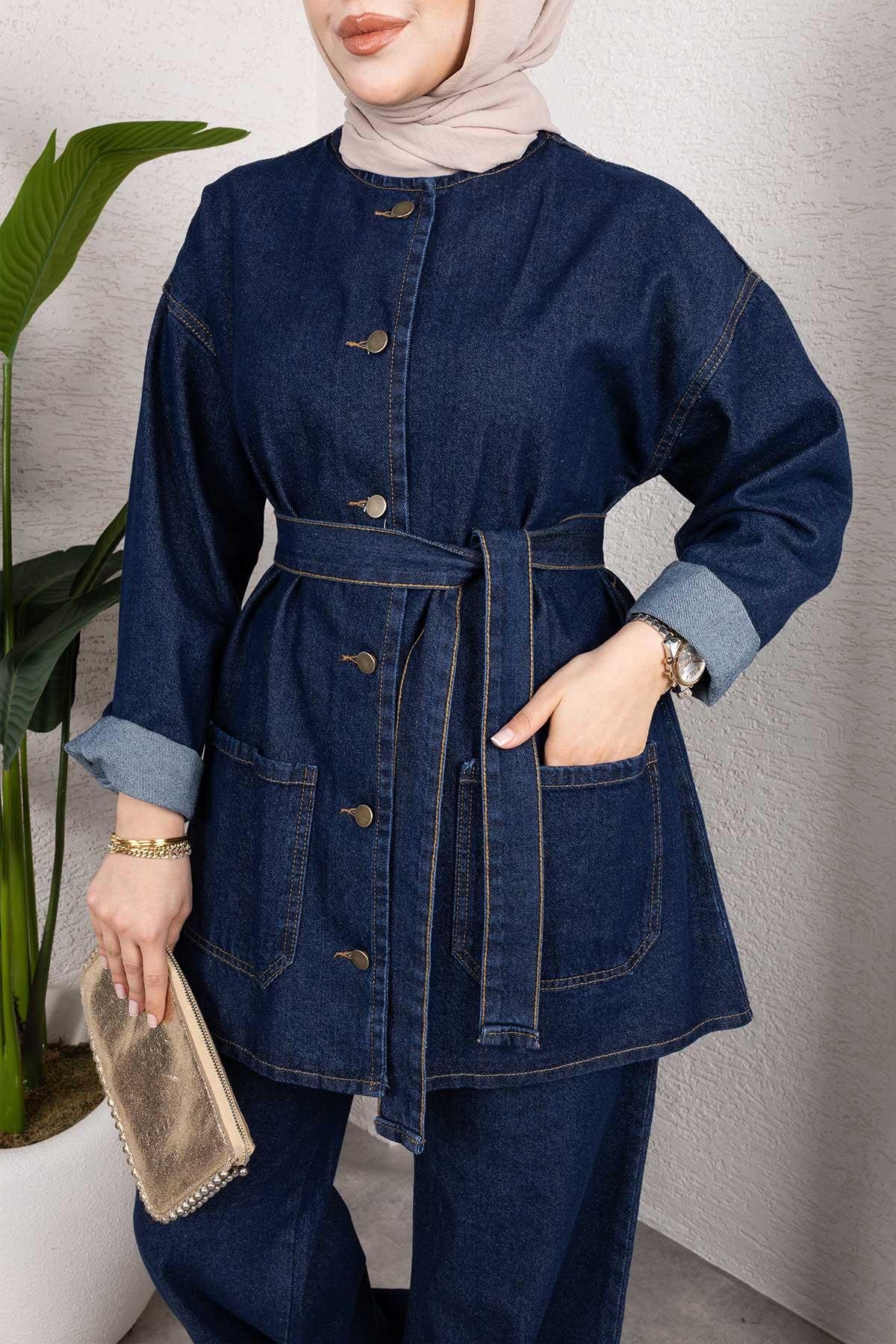 Cep Detaylı Kot Takım Koyu Mavi