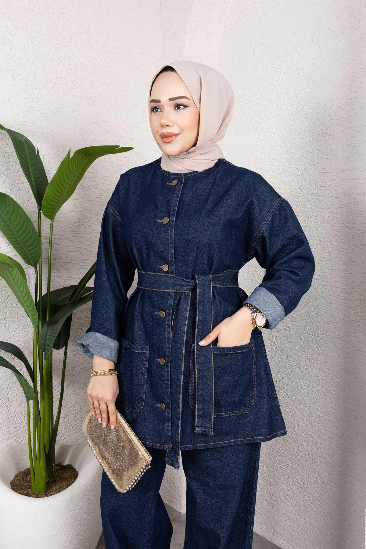 Cep Detaylı Kot Takım Koyu Mavi