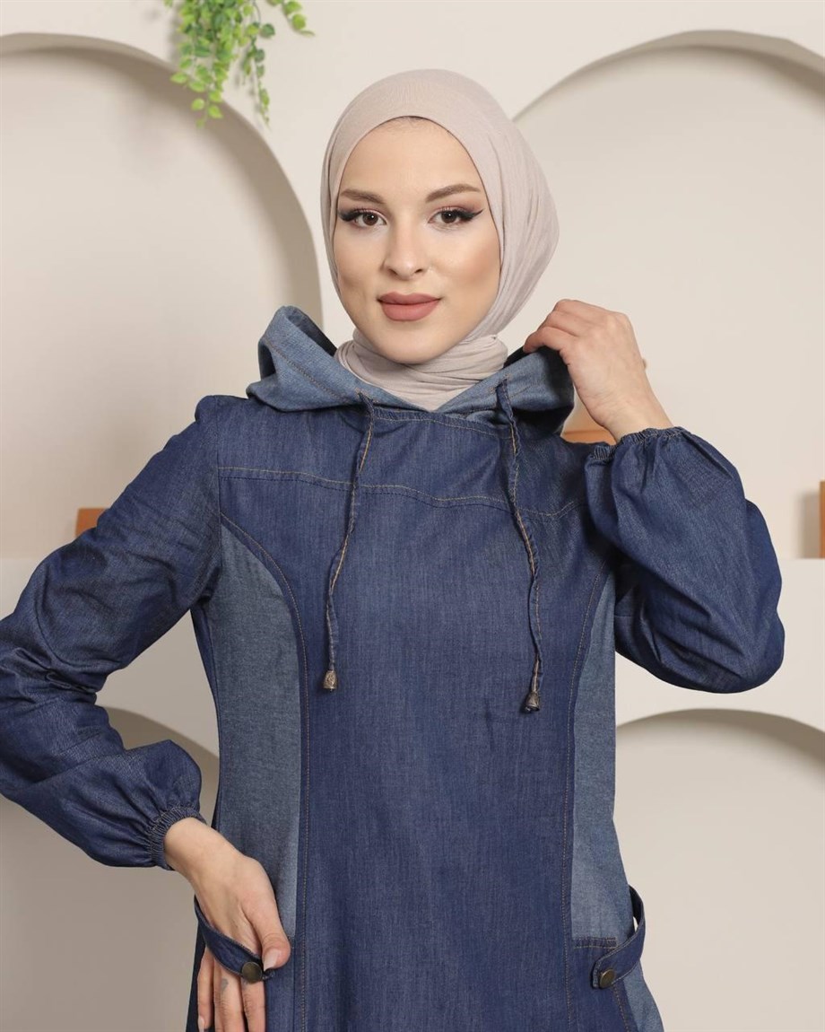 Cep Detaylı Koyu Kot Tesettür Elbise