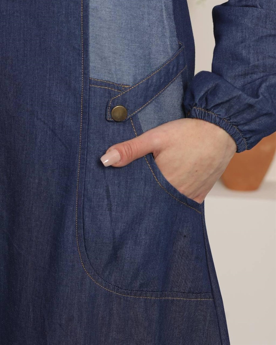 Cep Detaylı Koyu Kot Tesettür Elbise