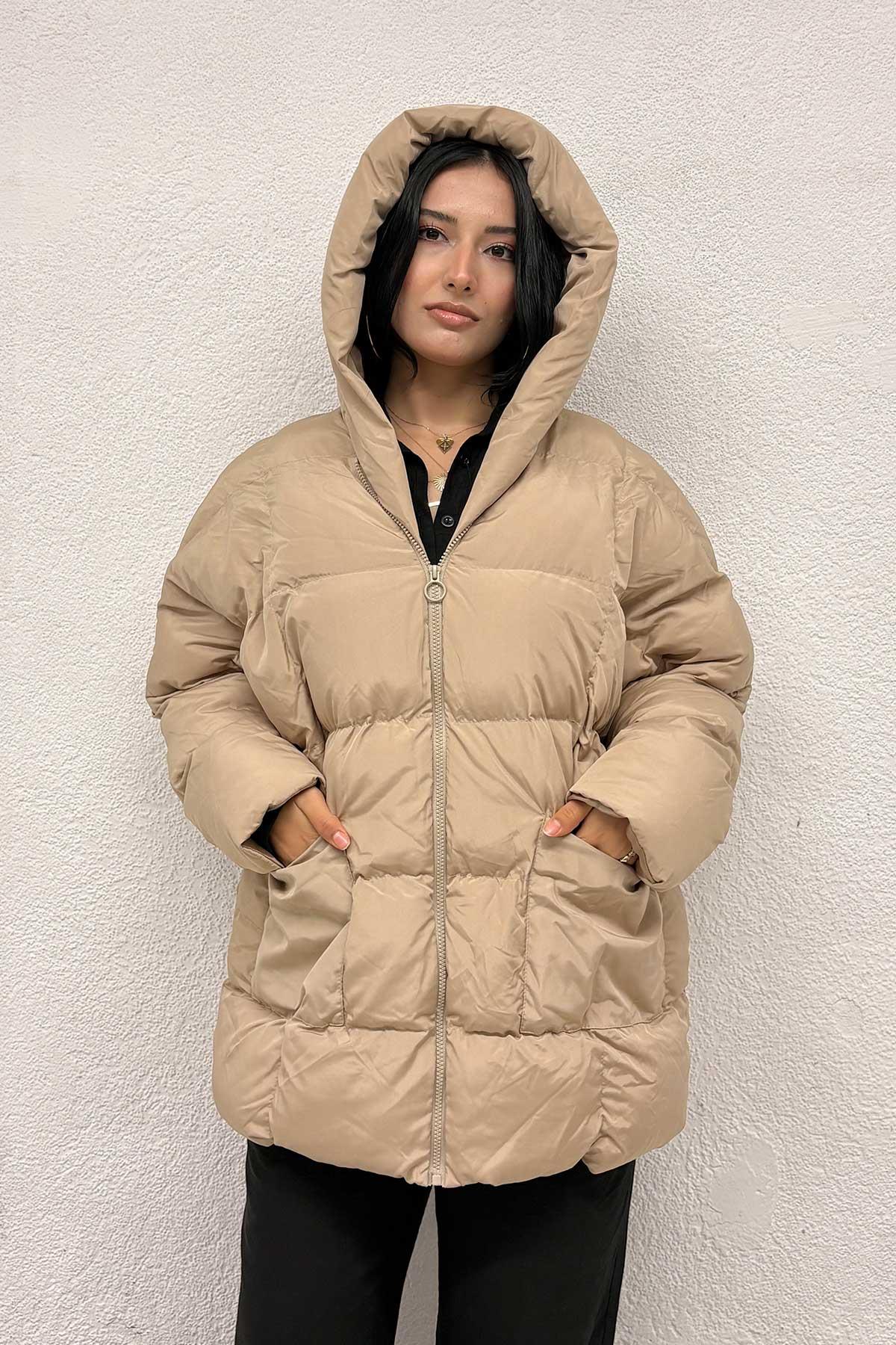 Cep Detaylı Şişme Mont Bej